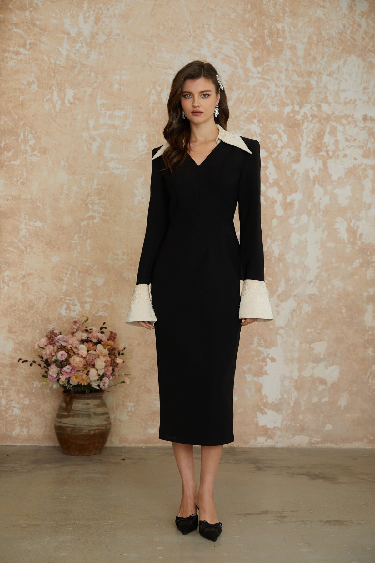 Aina Black Embellished Corset Midi Dress