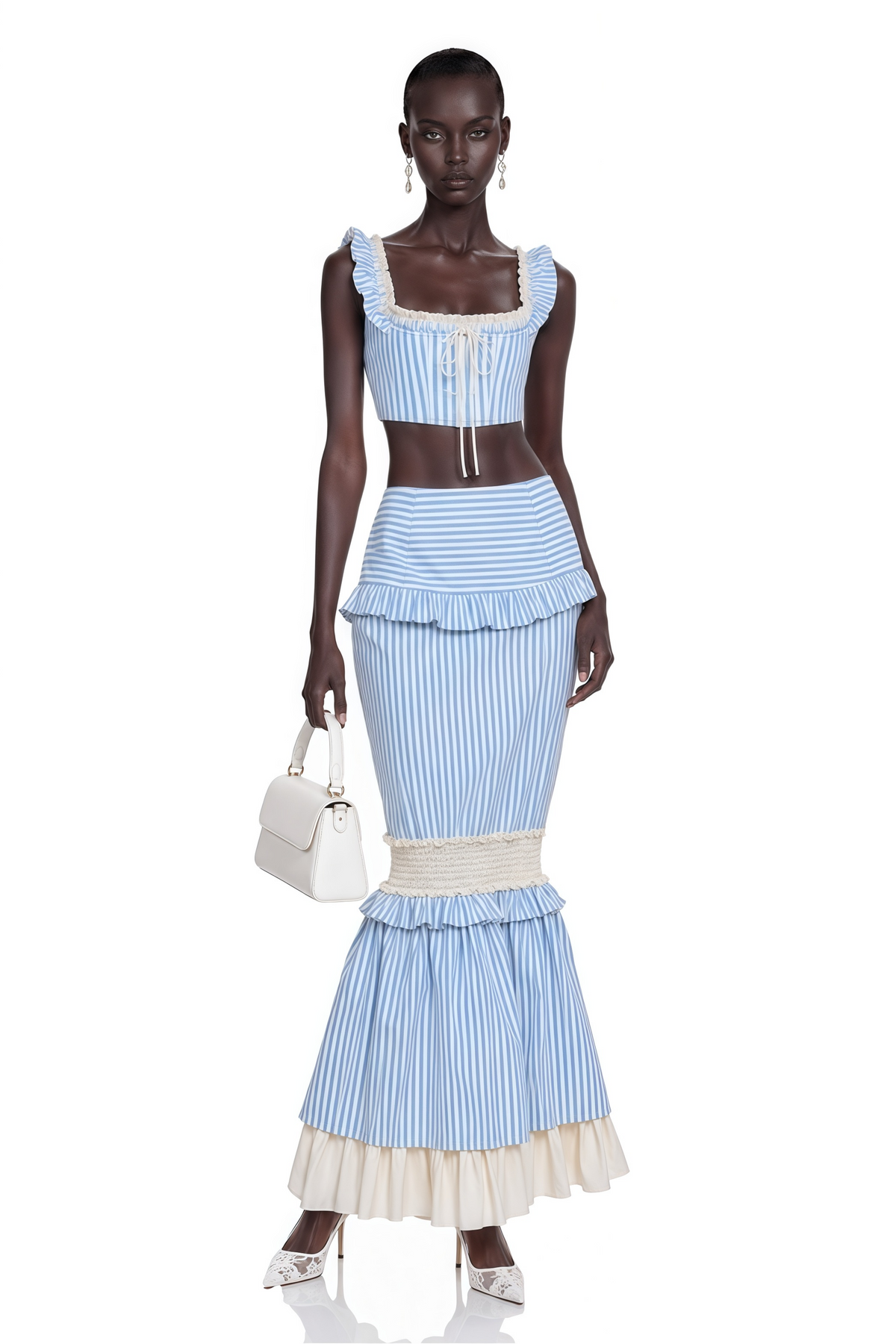 ainhoa blue stripe ruffle top & skirt set