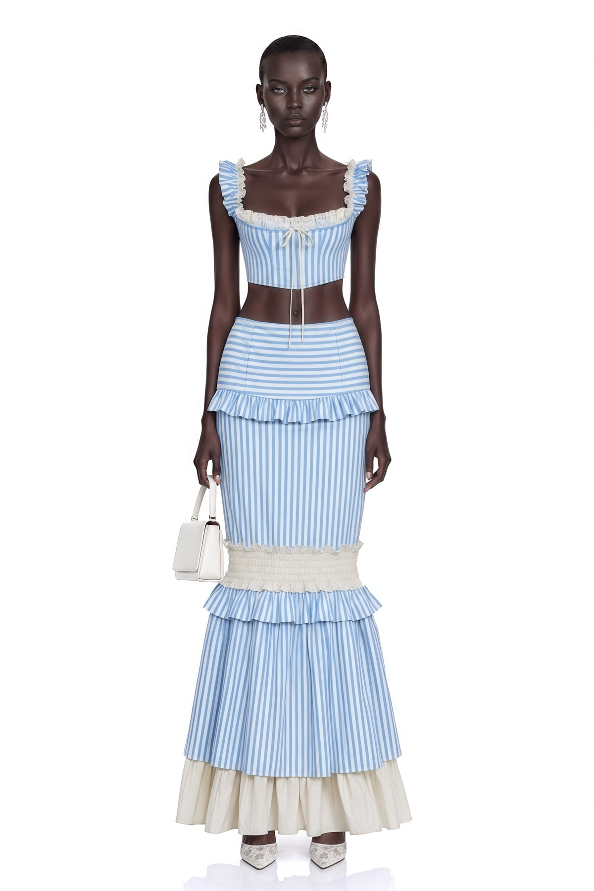 ainhoa blue stripe ruffle top & skirt set
