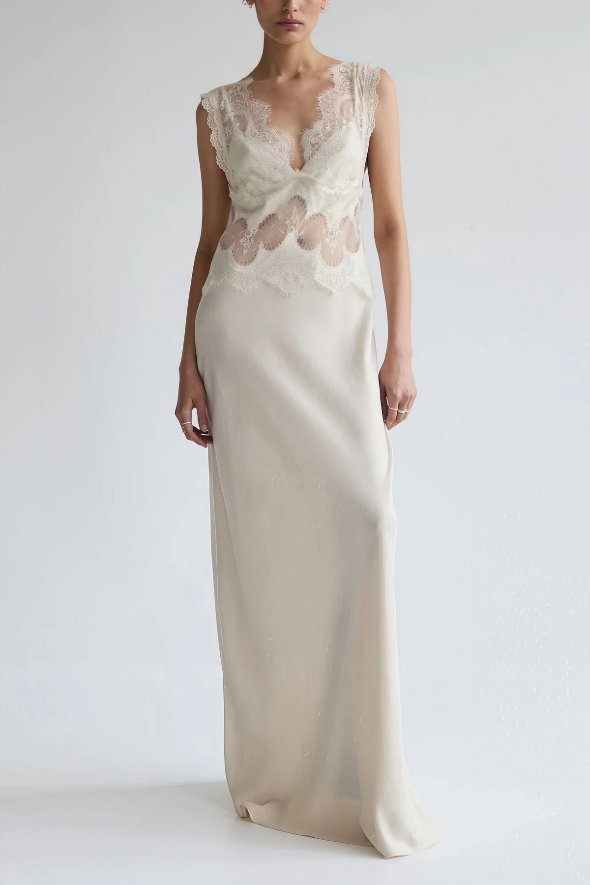 Aitana Neutrals Satin Maxi Dress with Lace Panels (Final Sale-US Only)