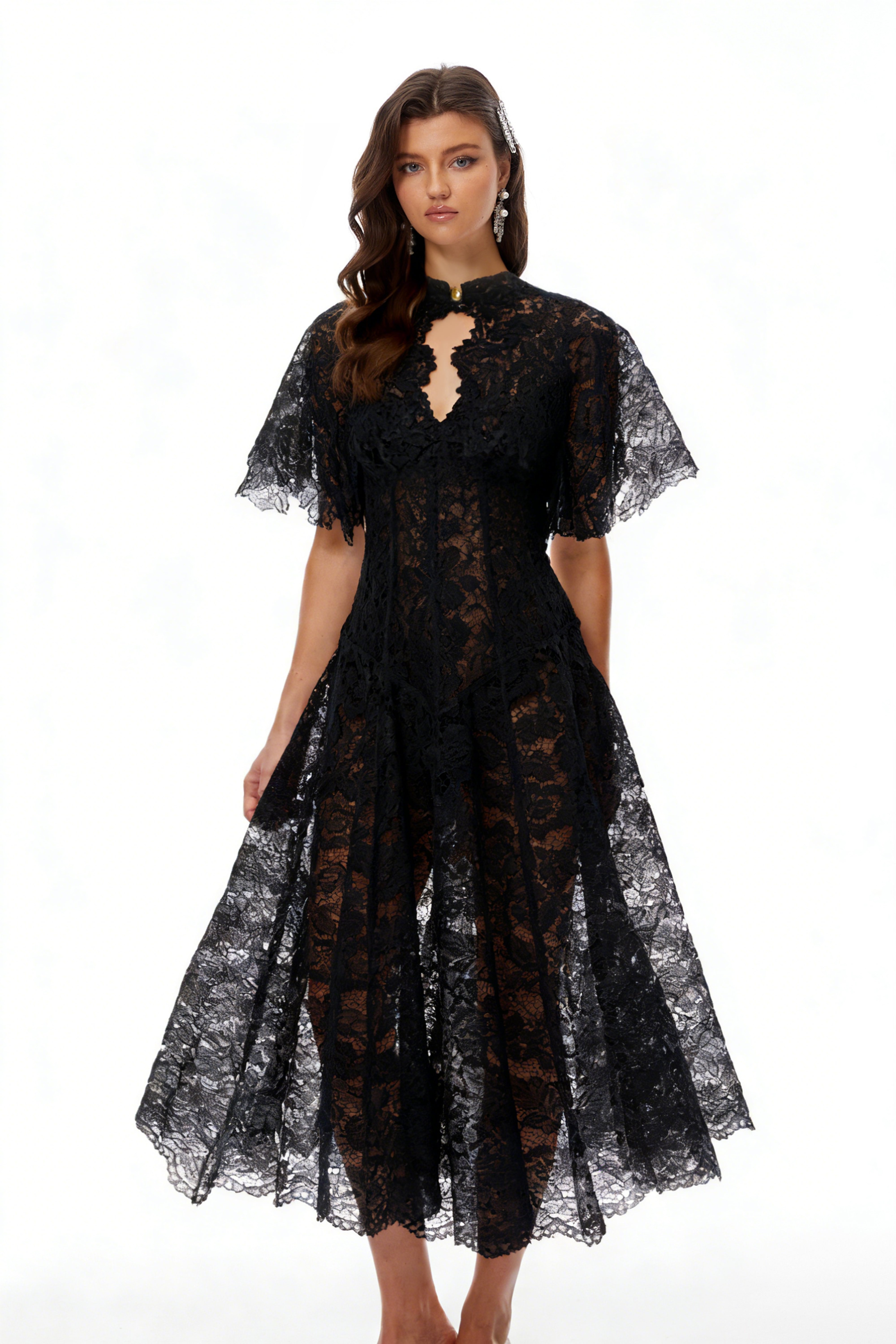 Alaia Black Cape Design Floral Lace Midi Dress
