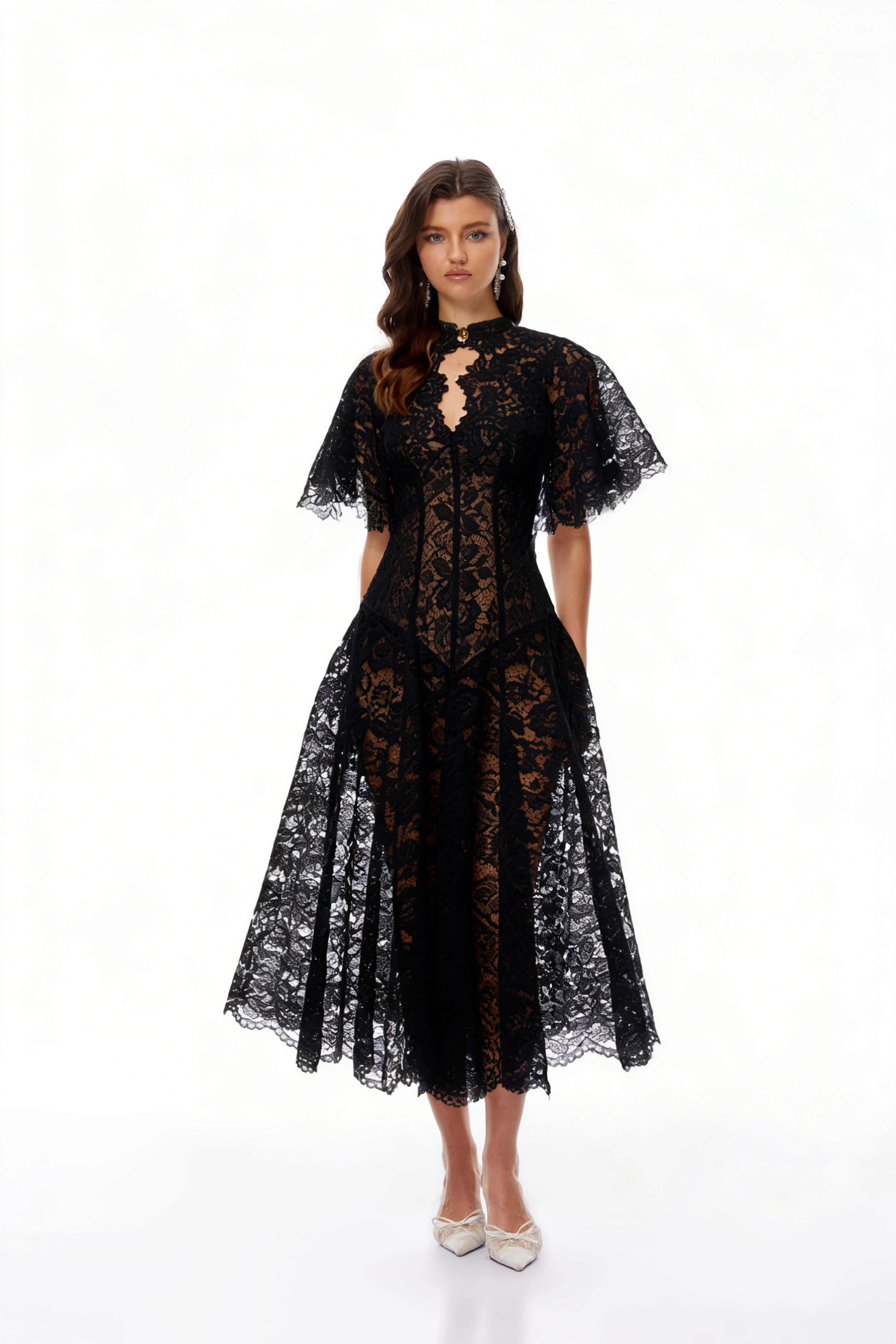 Alaia Black Cape Design Floral Lace Midi Dress