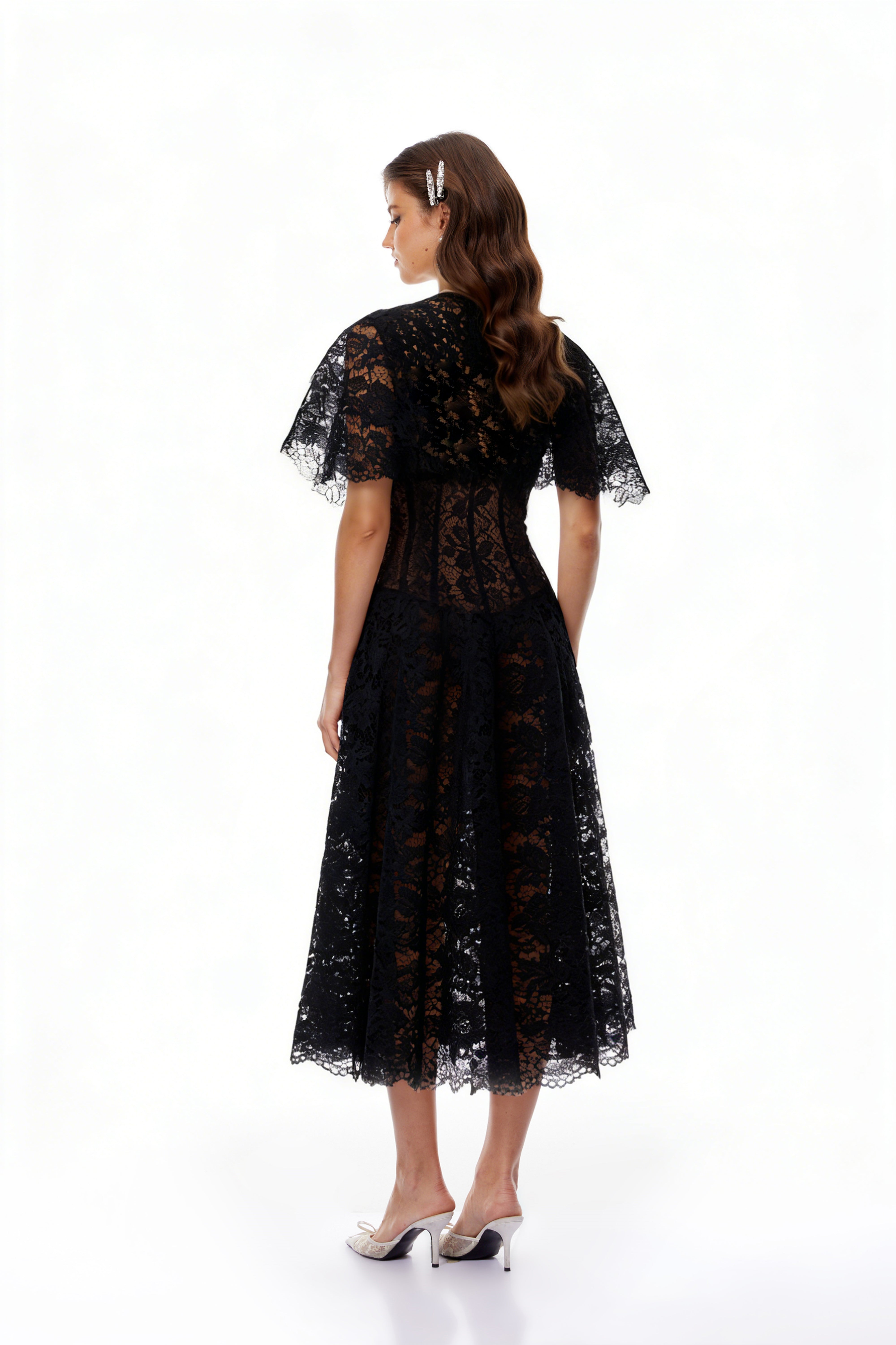 Alaia Black Cape Design Floral Lace Midi Dress