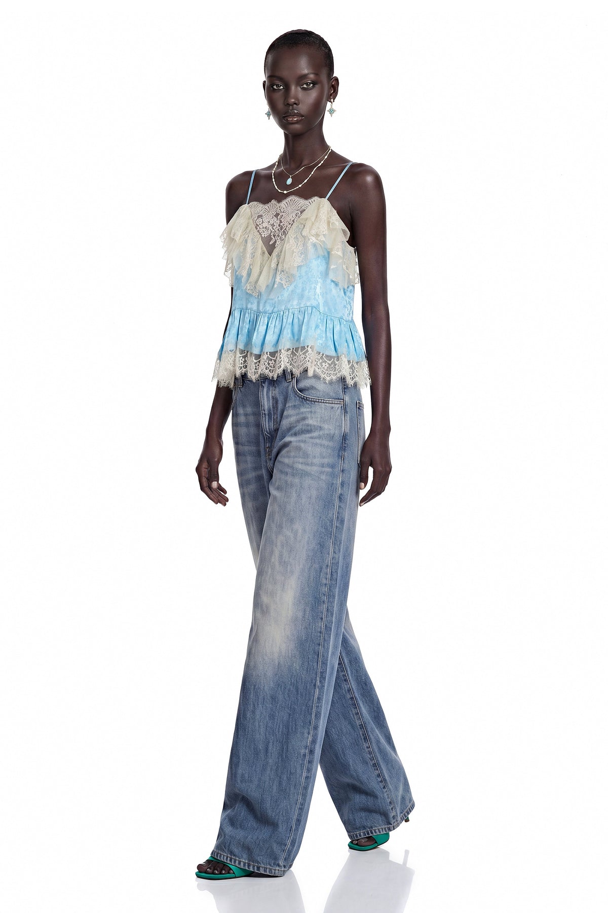 Alba Blue Spaghetti Straps Lace Detail Top