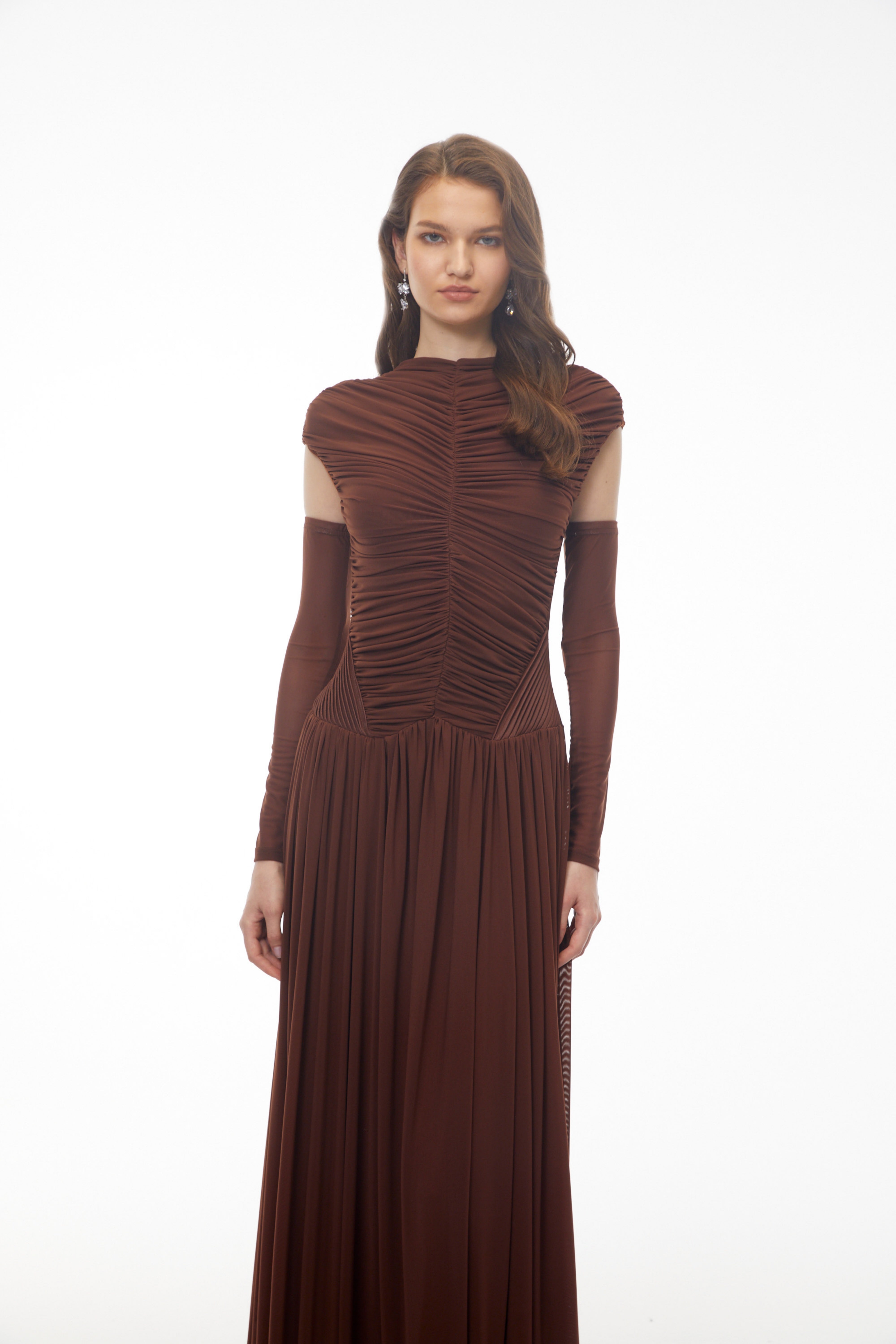 Alberte Brown Mock Neck Ruched Maxi Dress