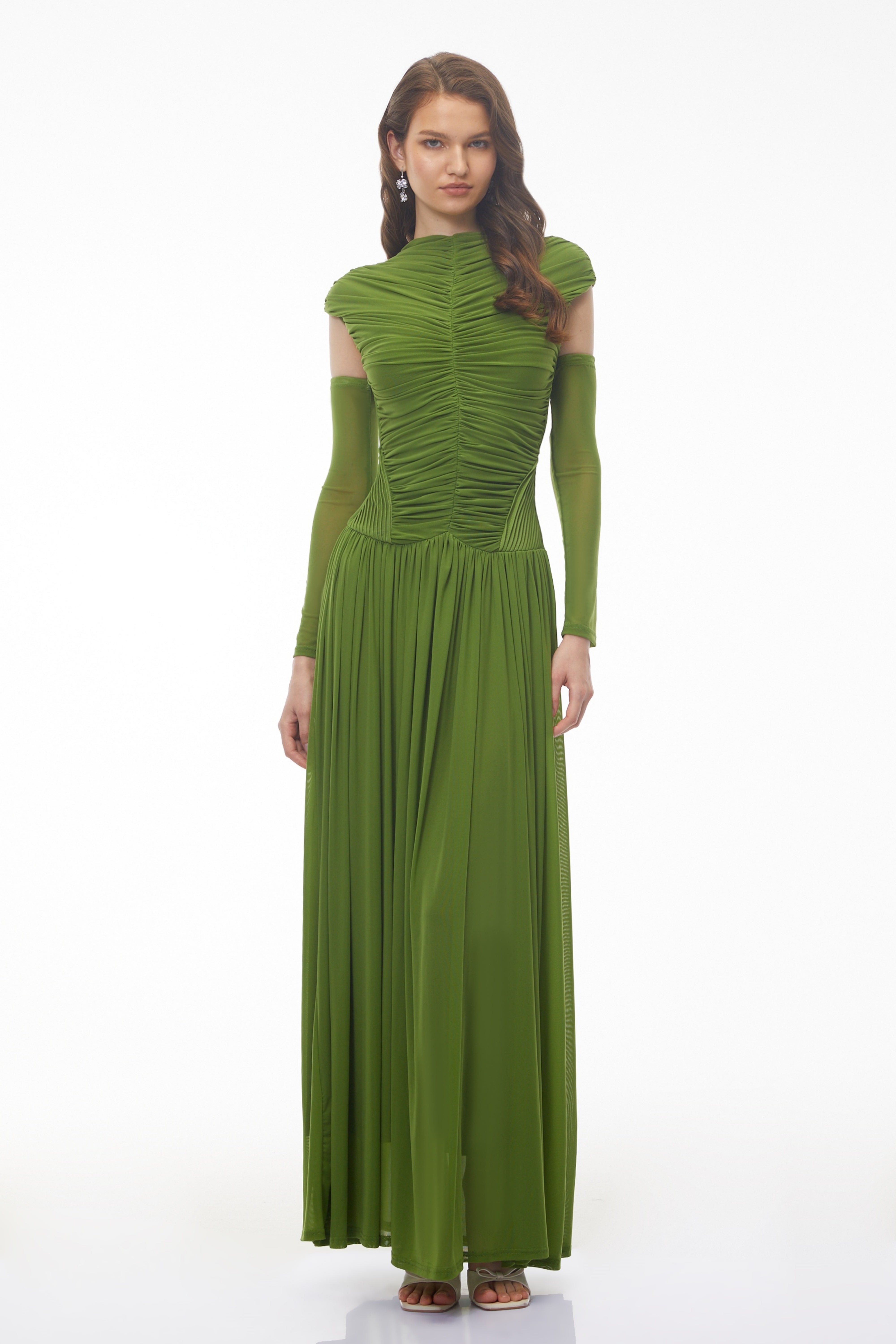Alberte Green Mock Neck Ruched Maxi Dress