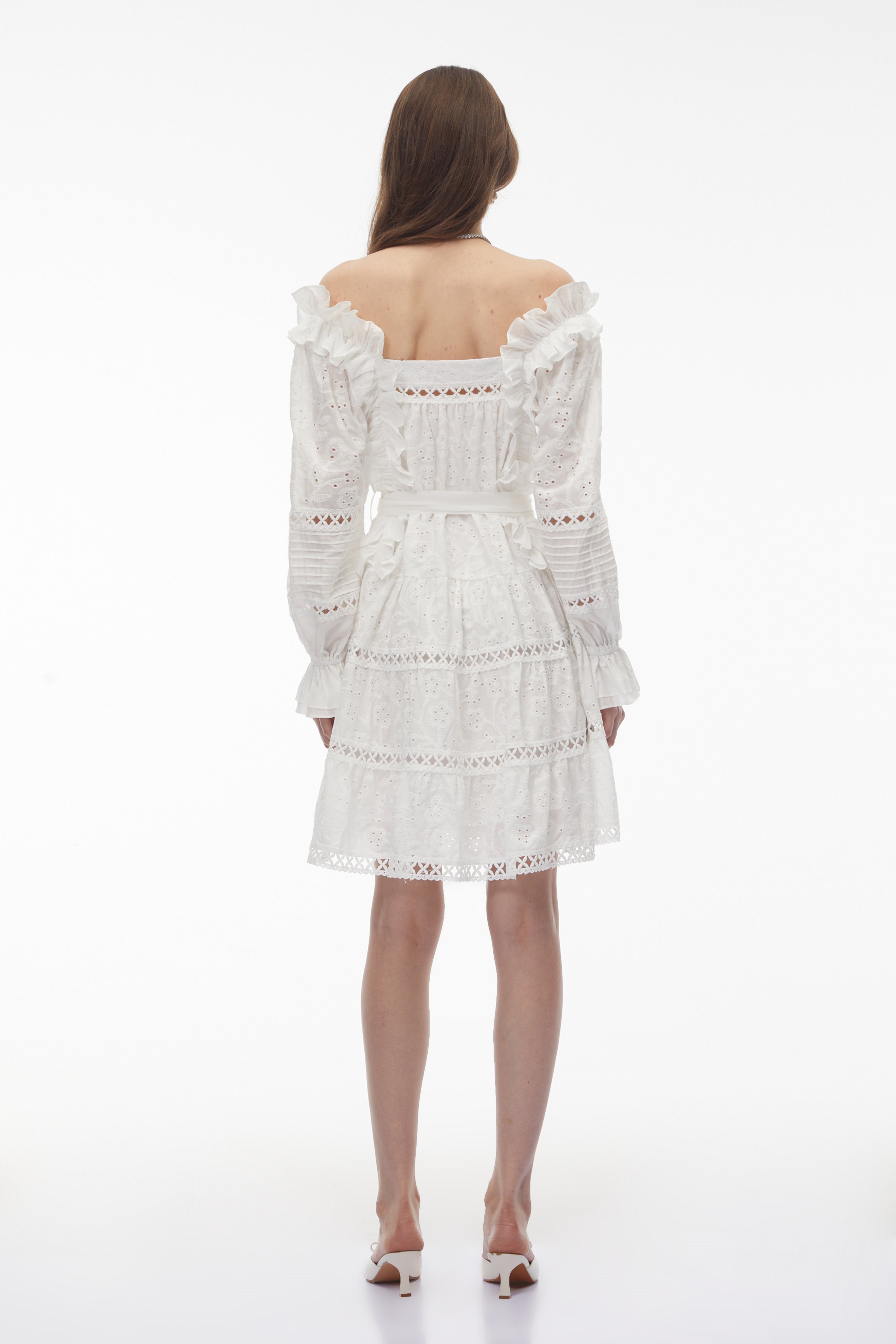 Alcestis White Ruffled Mini Dress with Self-Tie