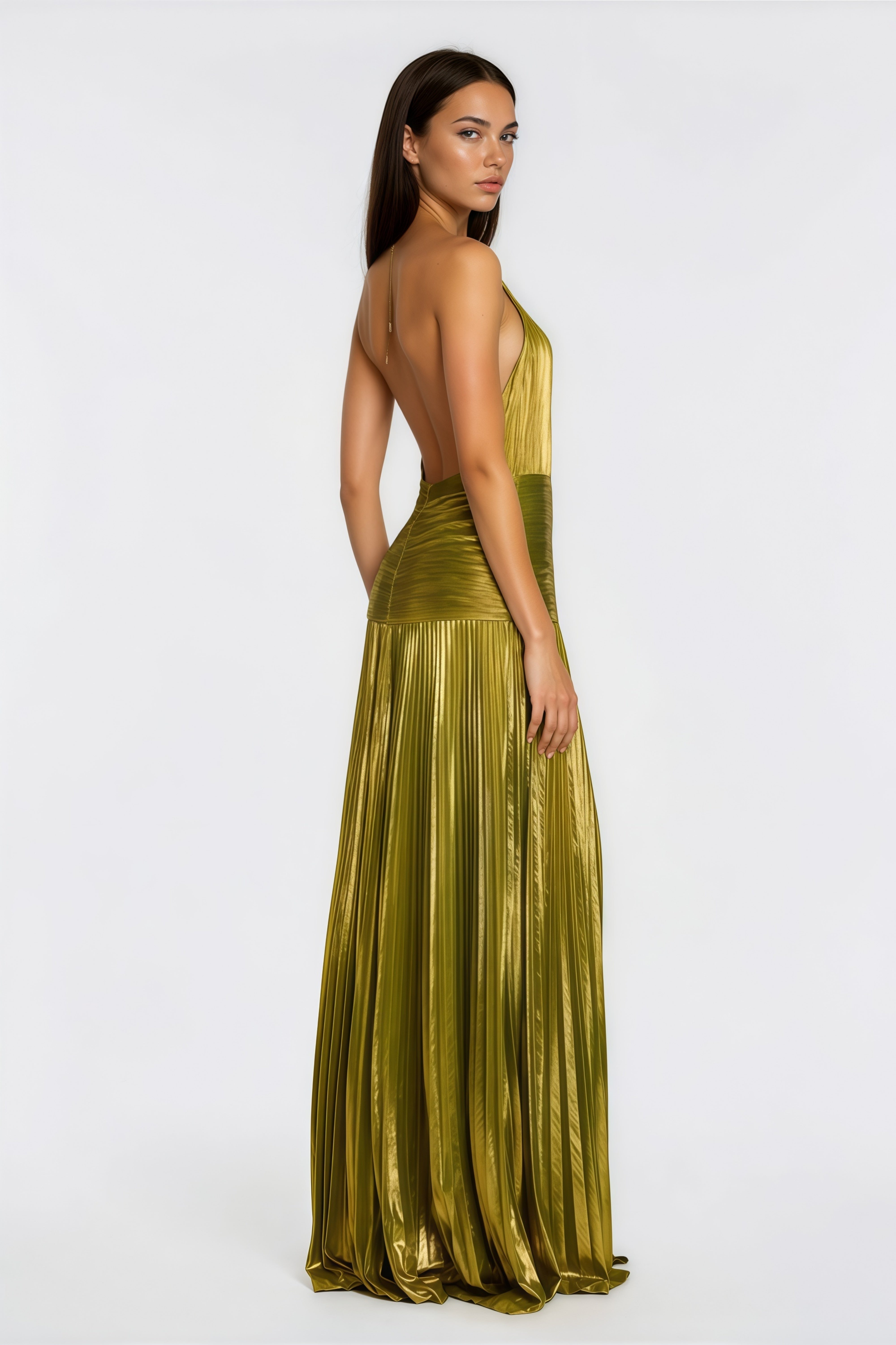 Alchimie Gold Glossy Pleated Maxi Dress