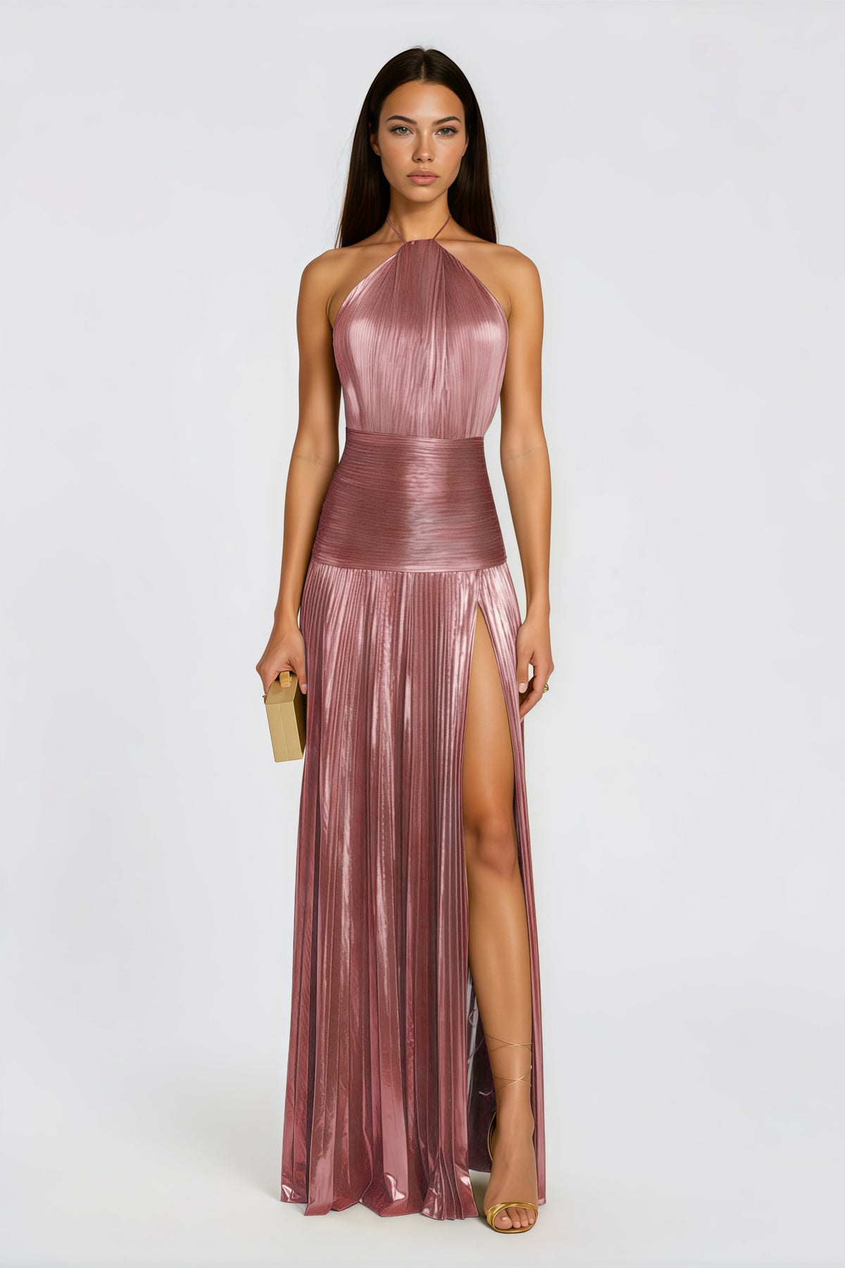 Alchimie Pink Glossy Pleated Maxi Dress (Final Sale-US Only)