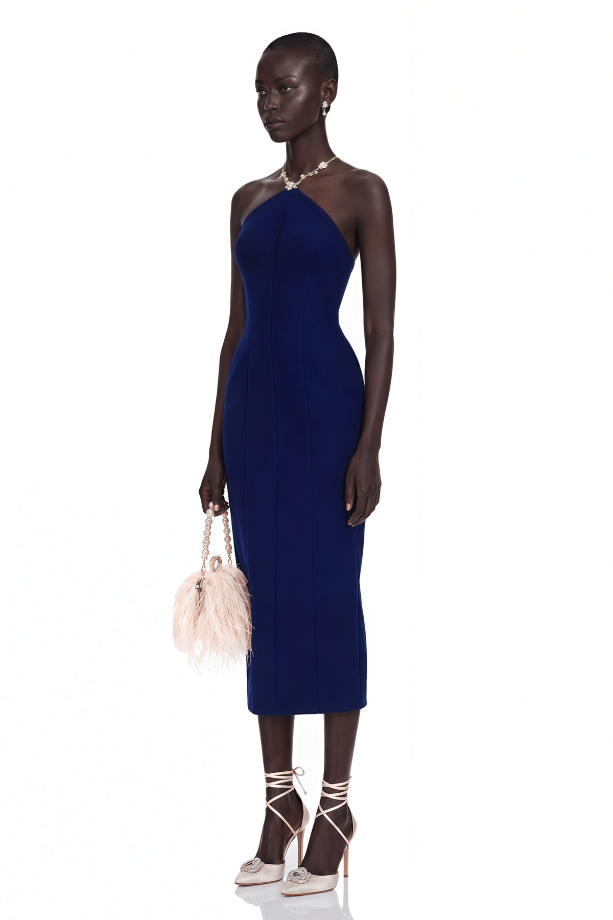 Alejandra Navy Blue Embellished Halterneck Midi Dress