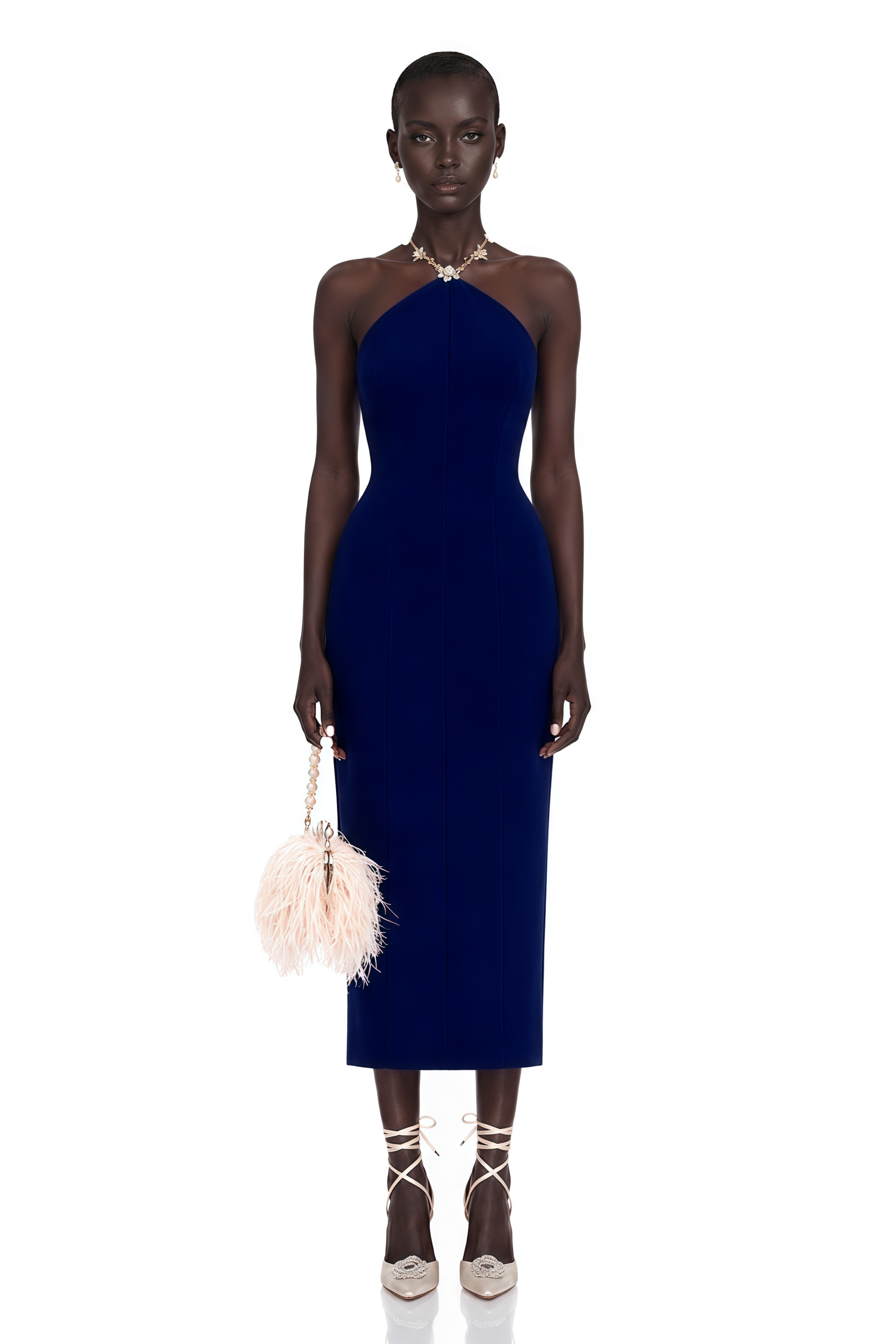 Alejandra Navy Blue Embellished Halterneck Midi Dress