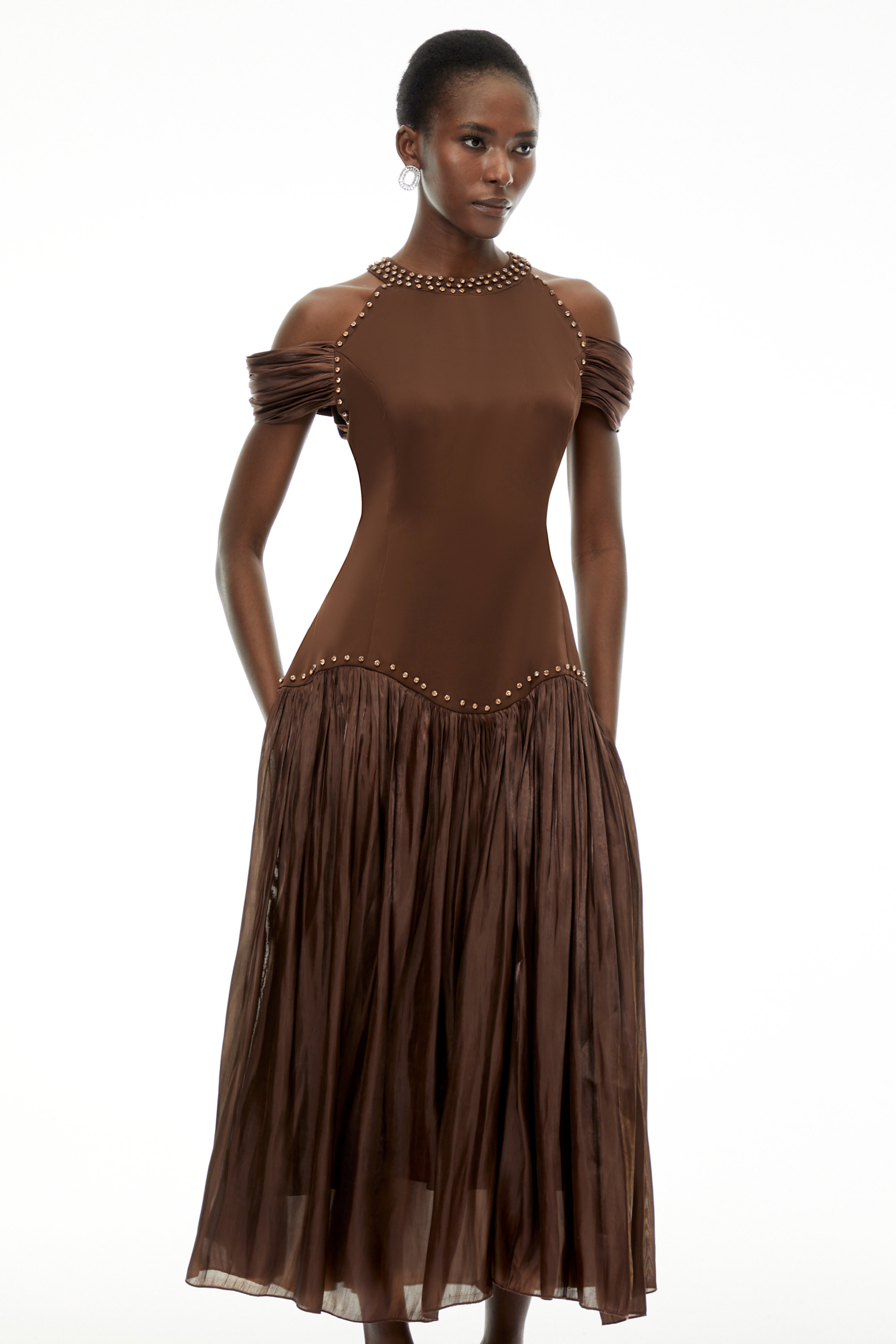 Alice Chocolate Brown Embellished Pleated Maxi Dress