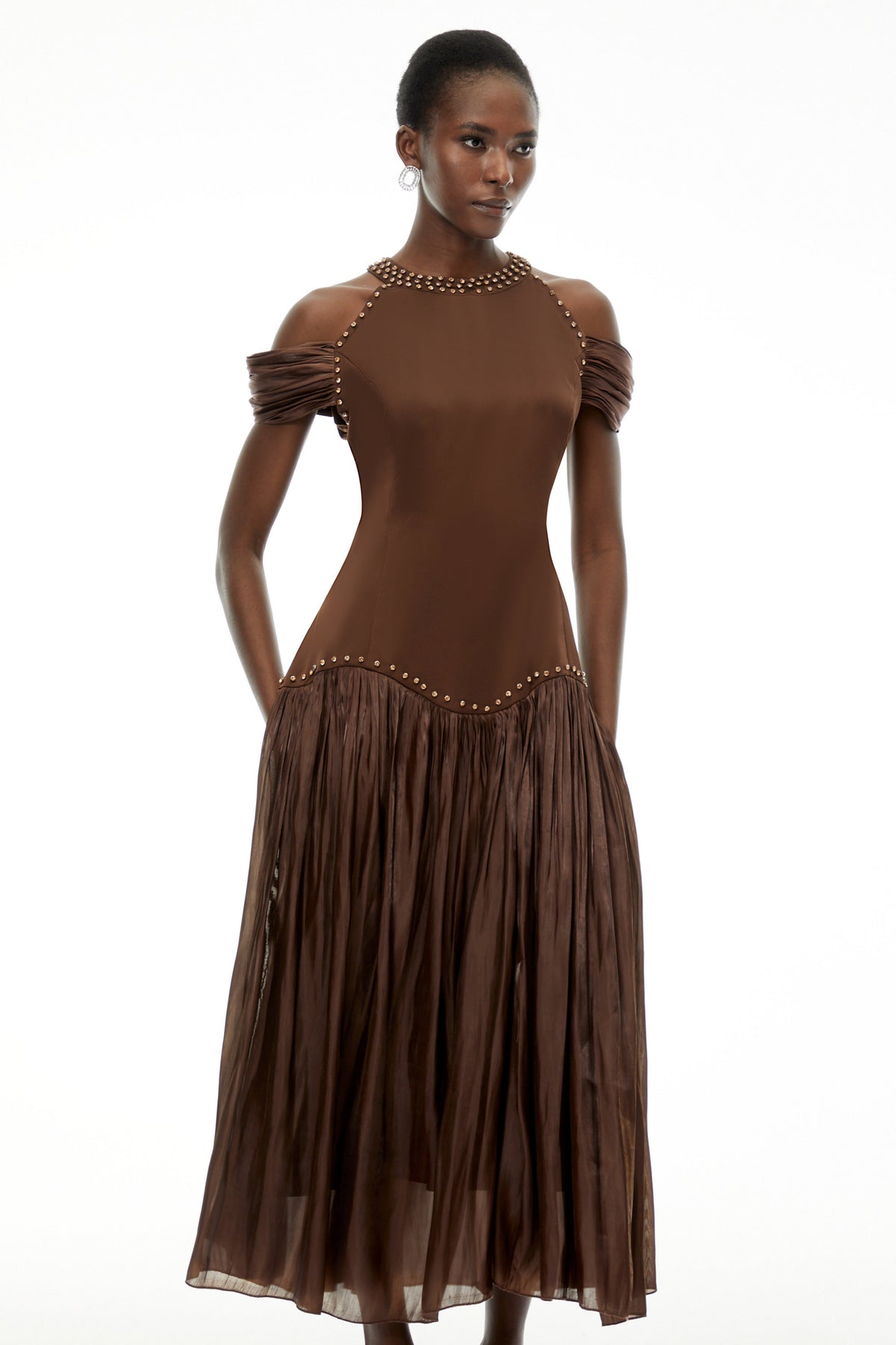 Alice Chocolate Brown Embellished Pleated Maxi Dress