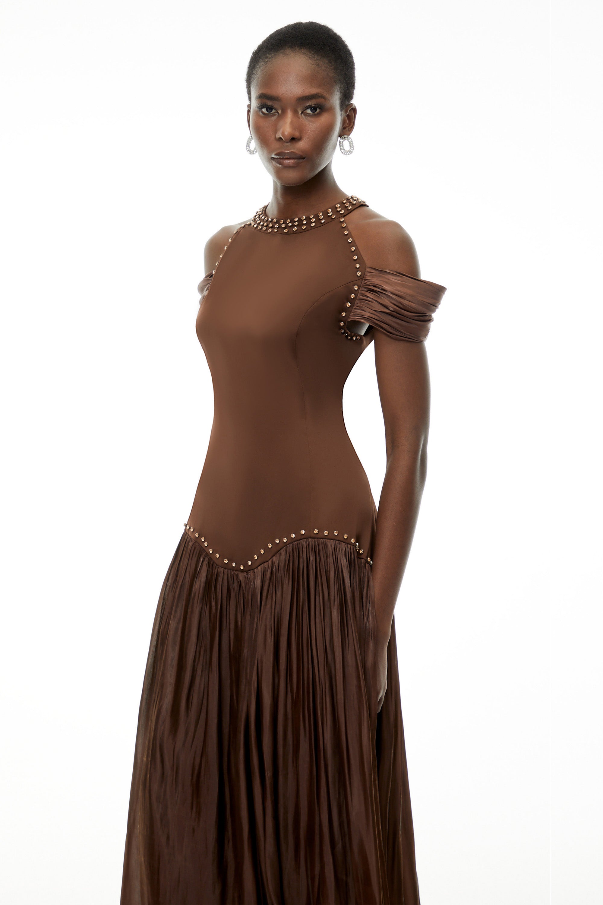 Alice Chocolate Brown Embellished Pleated Maxi Dress
