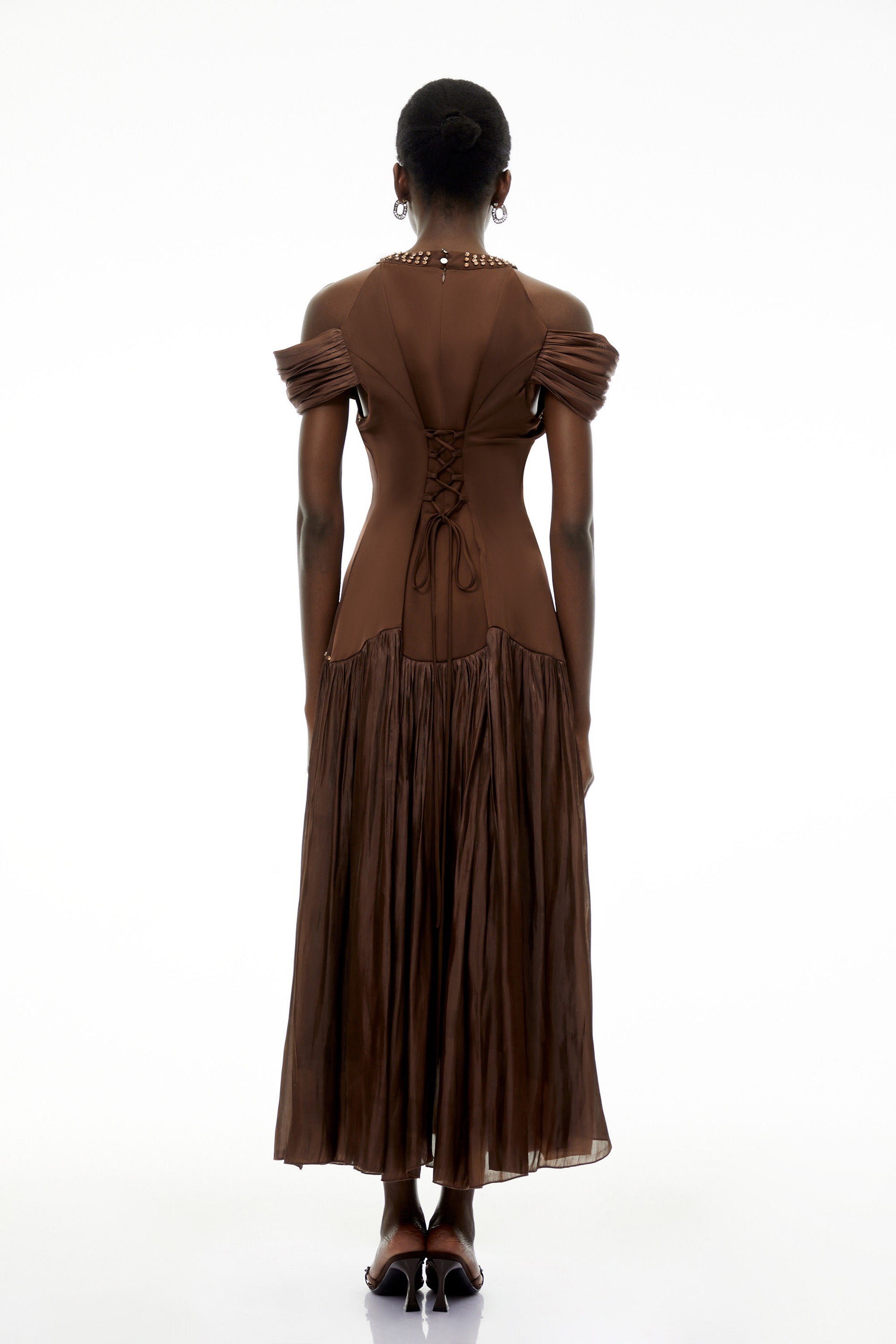 Alice Chocolate Brown Embellished Pleated Maxi Dress