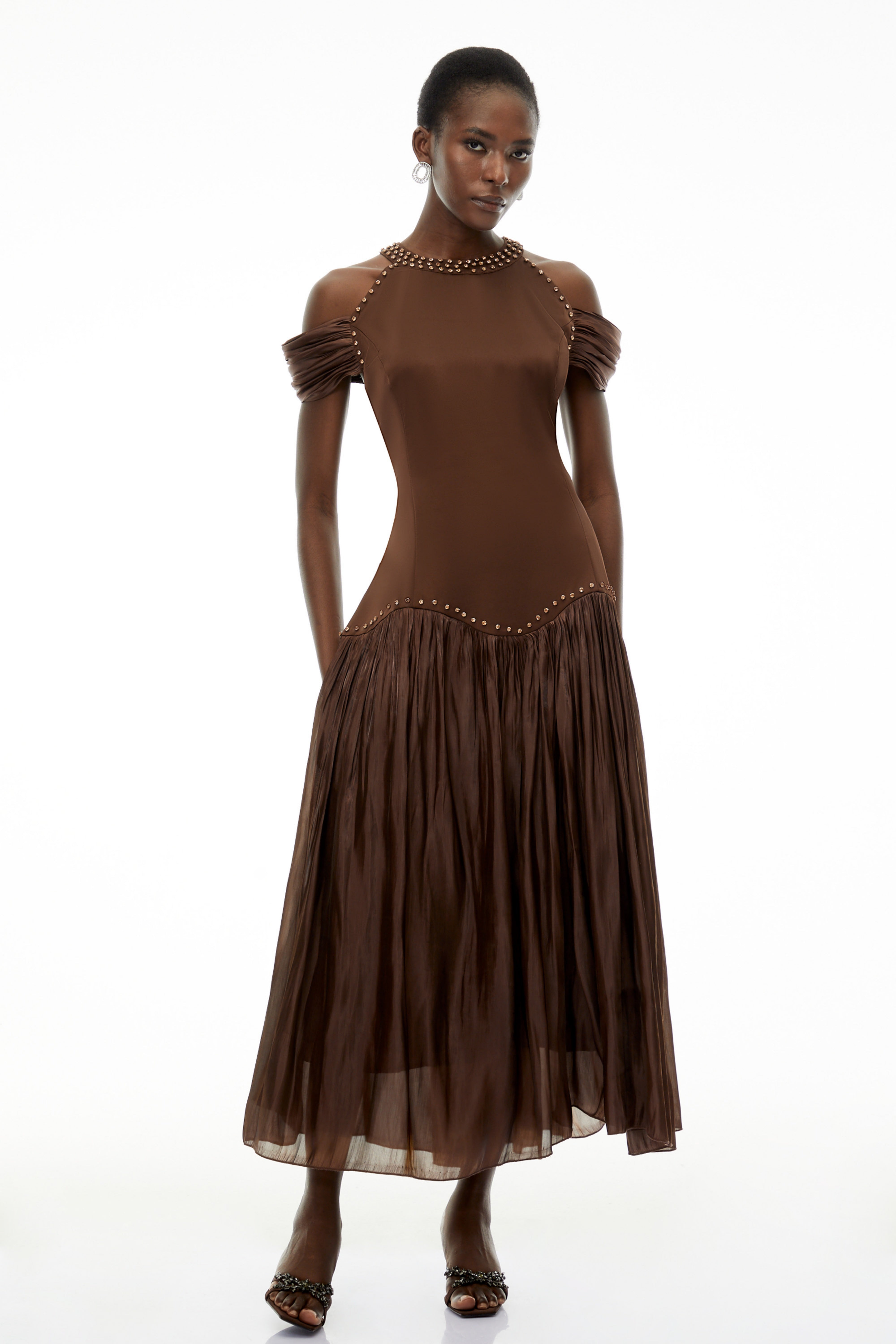 Alice Chocolate Brown Embellished Pleated Maxi Dress
