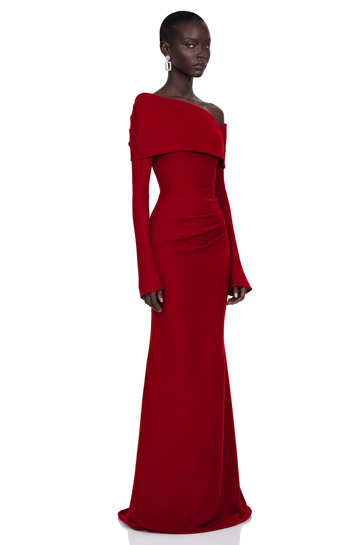alina red asymmetrical draped maxi dress