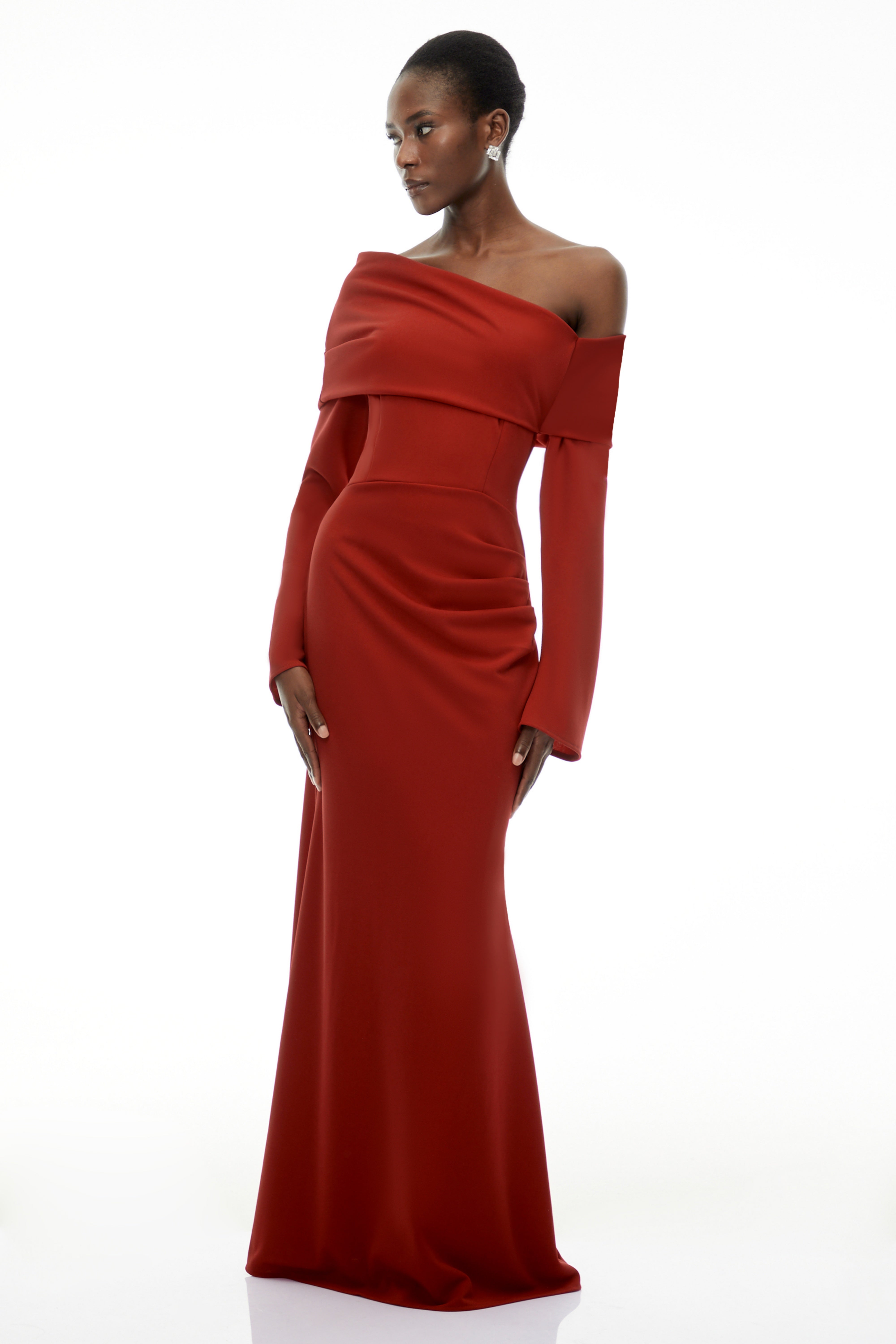 Alina Red Asymmetrical Draped Maxi Dress