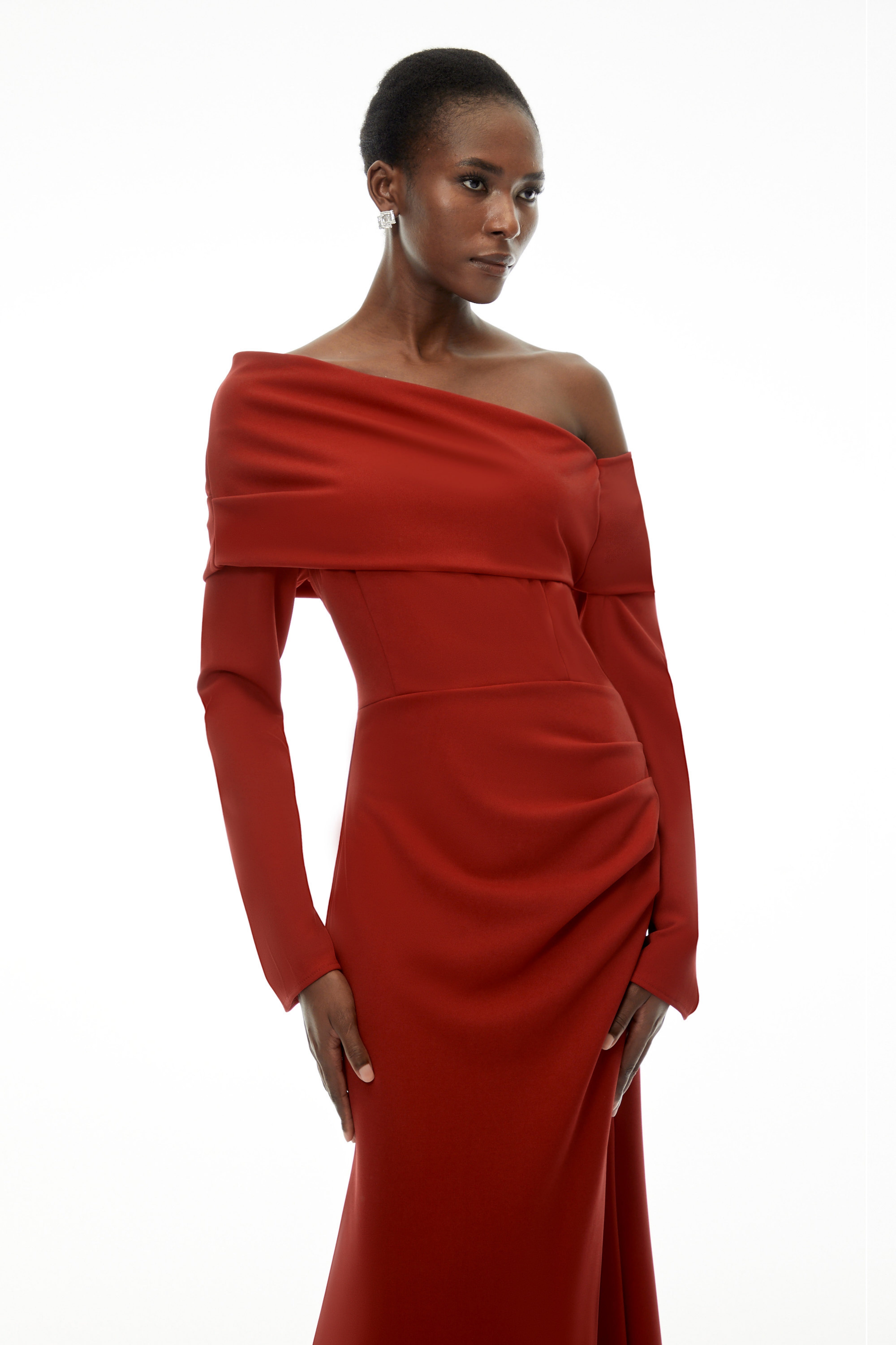 Alina Red Asymmetrical Draped Maxi Dress
