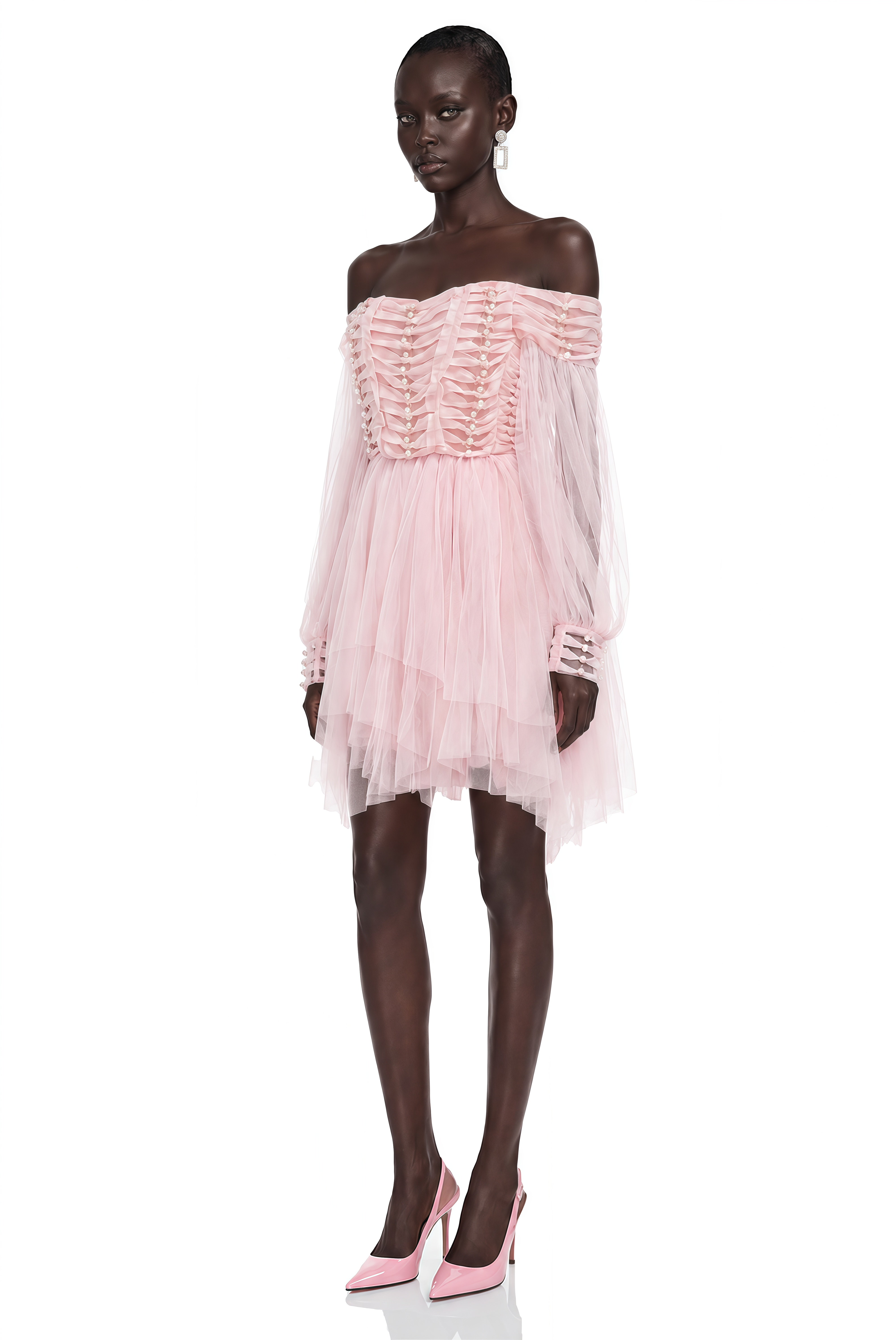 Alma Blush Pink Ruffled Asymmetrical Mini Dress with Pearls
