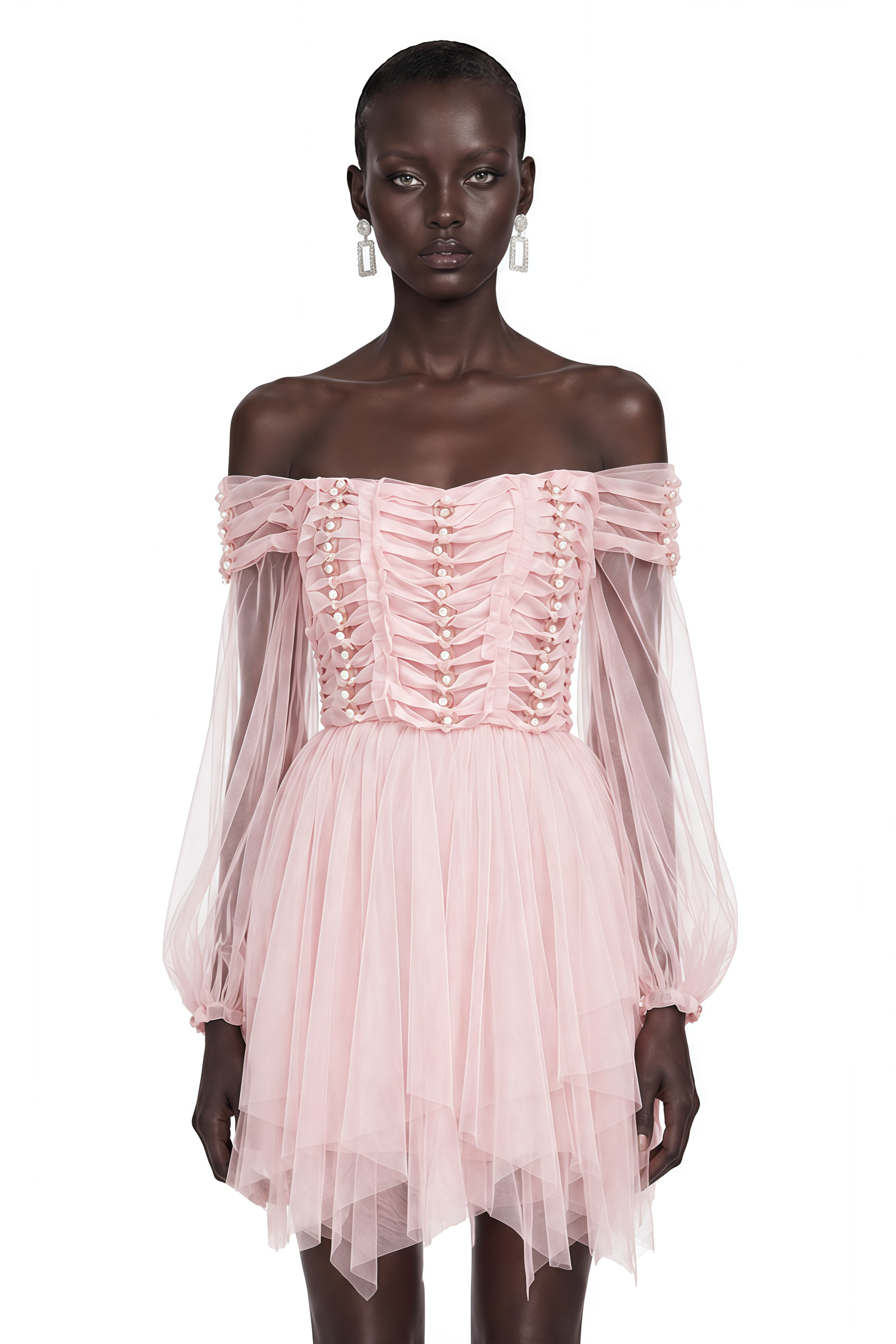 Alma Blush Pink Ruffled Asymmetrical Mini Dress with Pearls