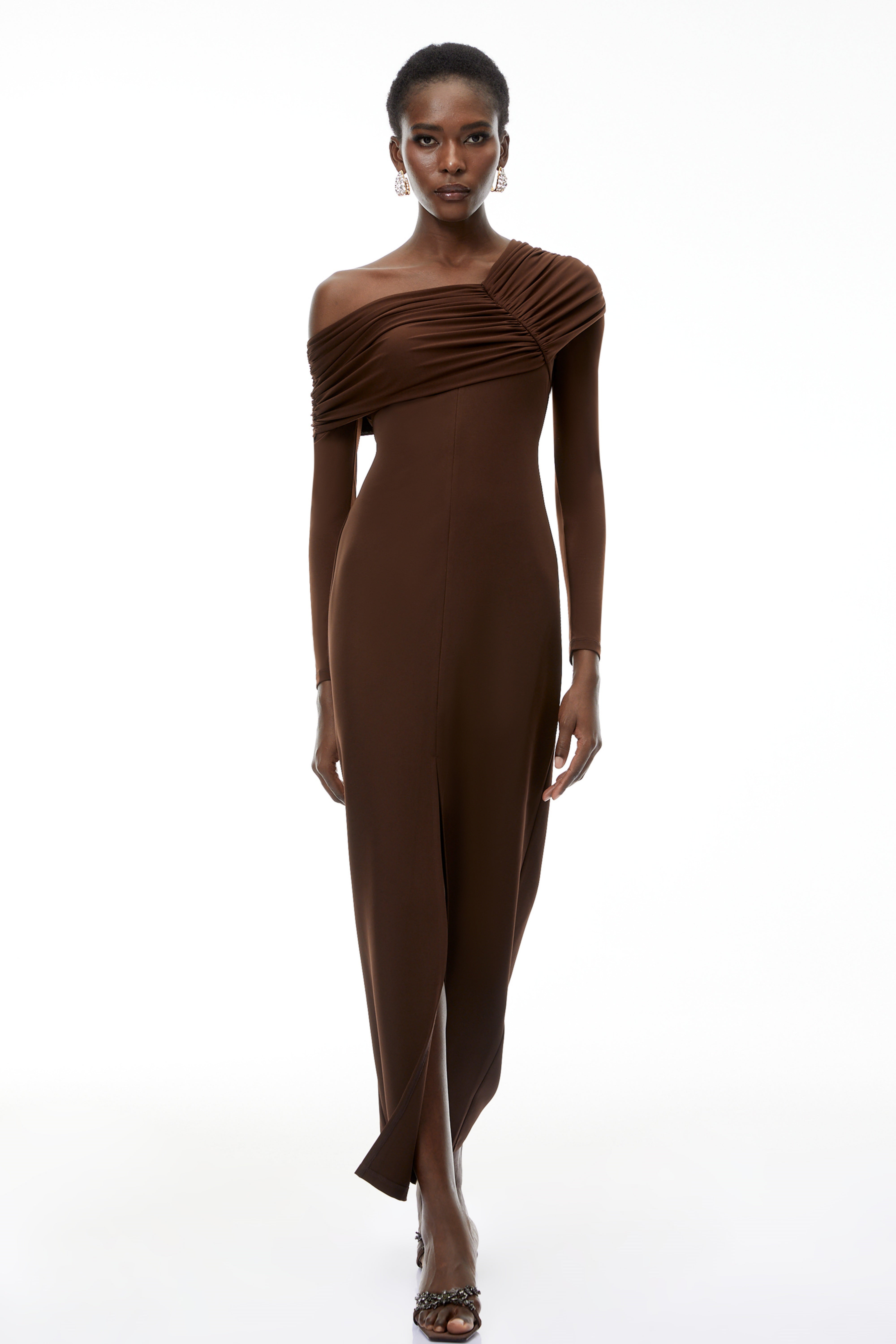 Almudena Chocolate Brown One Shoulder Maxi Dress