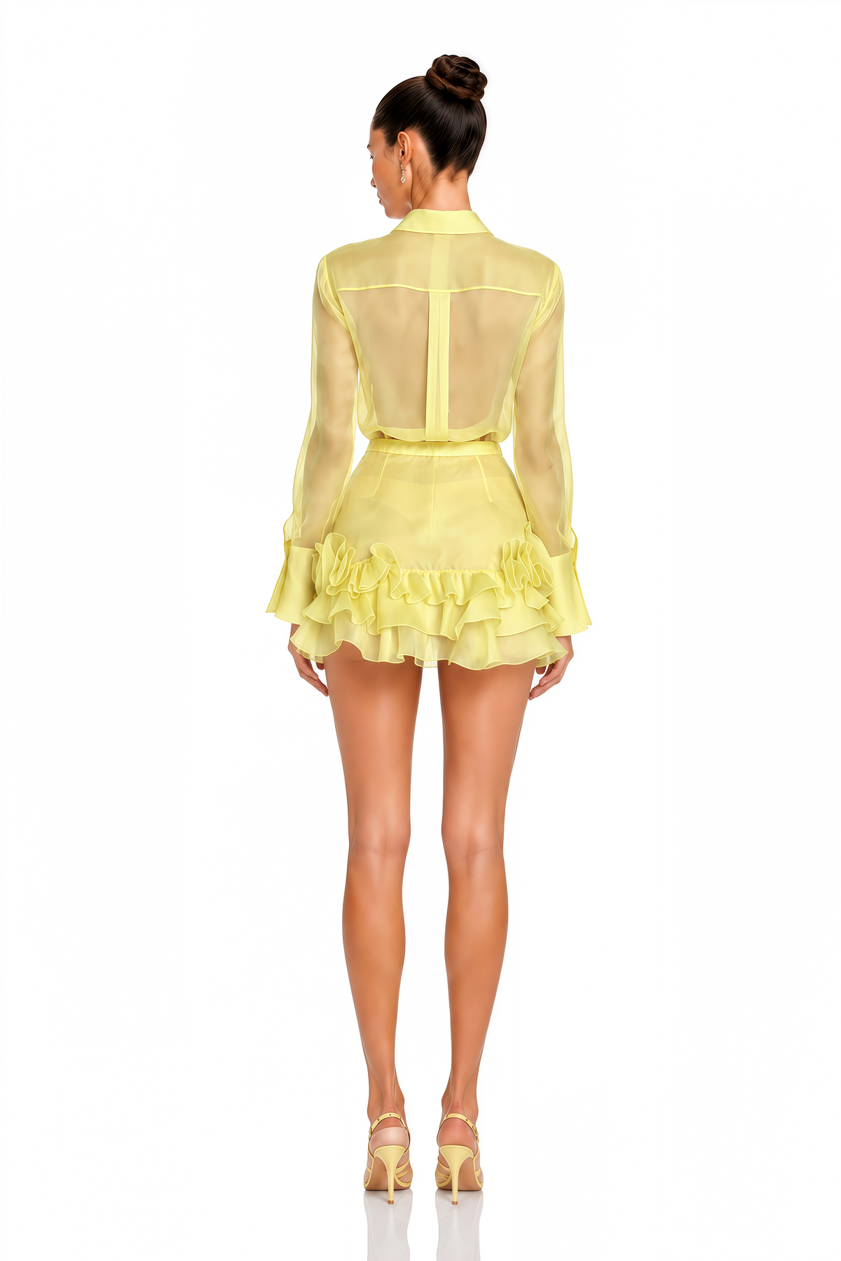 alondra yellow sheer collared blouse & ruffle mini skirt set
