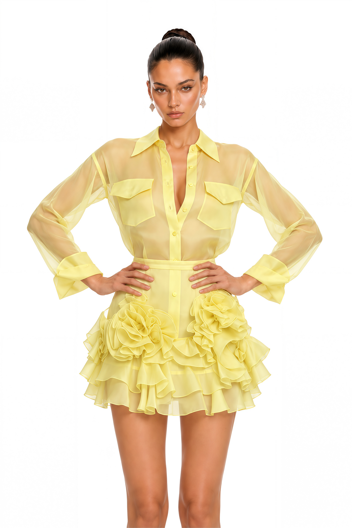 alondra yellow sheer collared blouse & ruffle mini skirt set