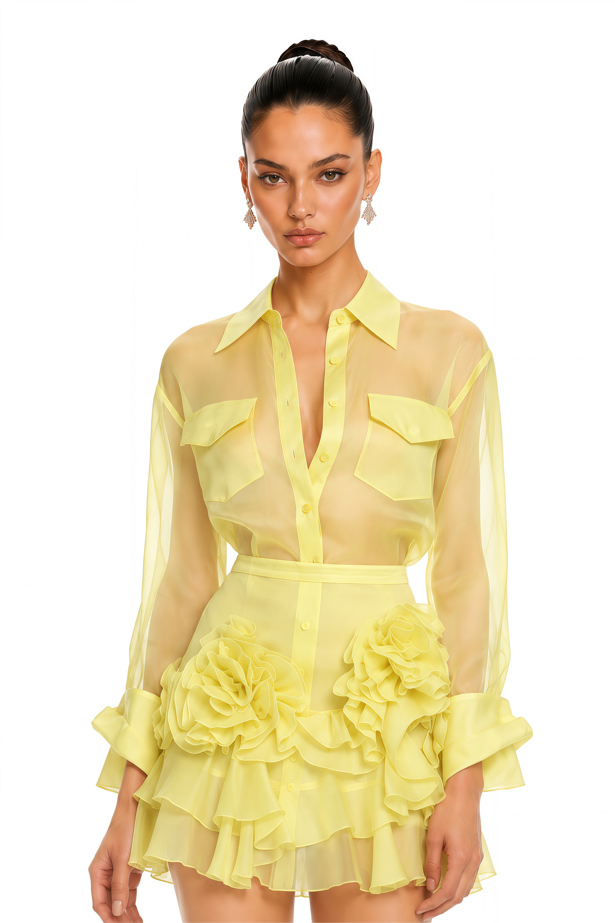 alondra yellow sheer collared blouse & ruffle mini skirt set