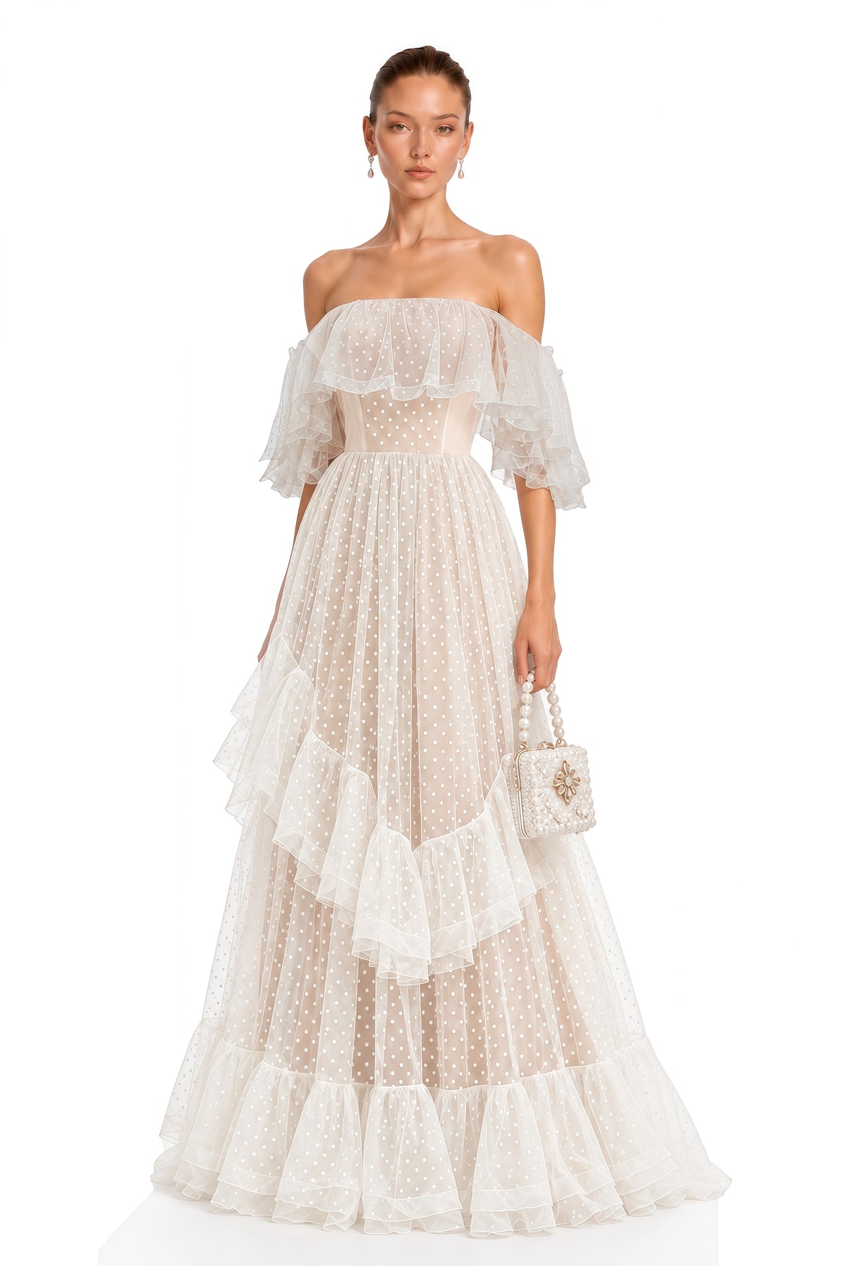 amabel ivory polka dot ruffle off shoulder maxi dress