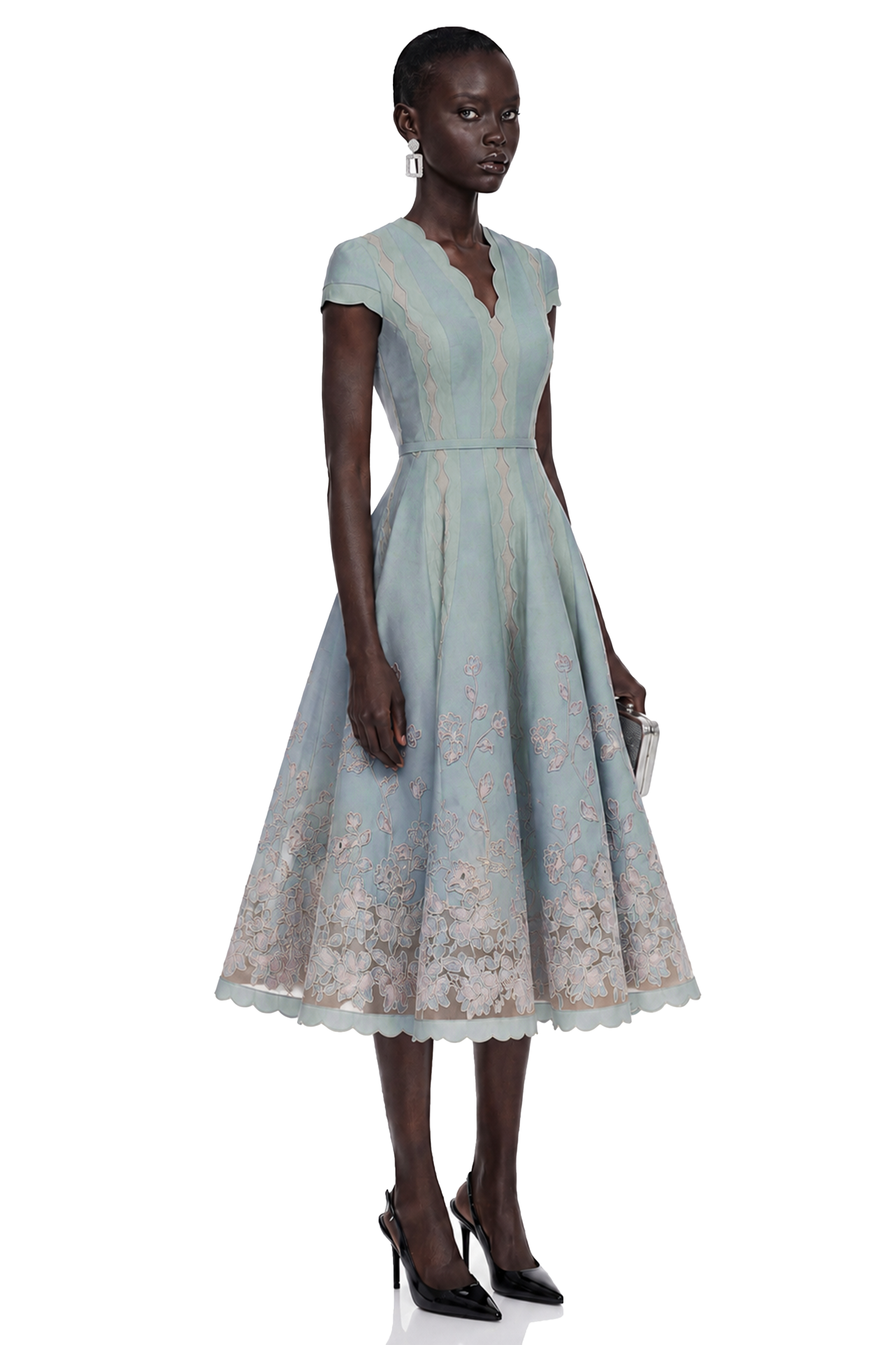Amália Blue Scalloped Floral Embroidered Midi Dress