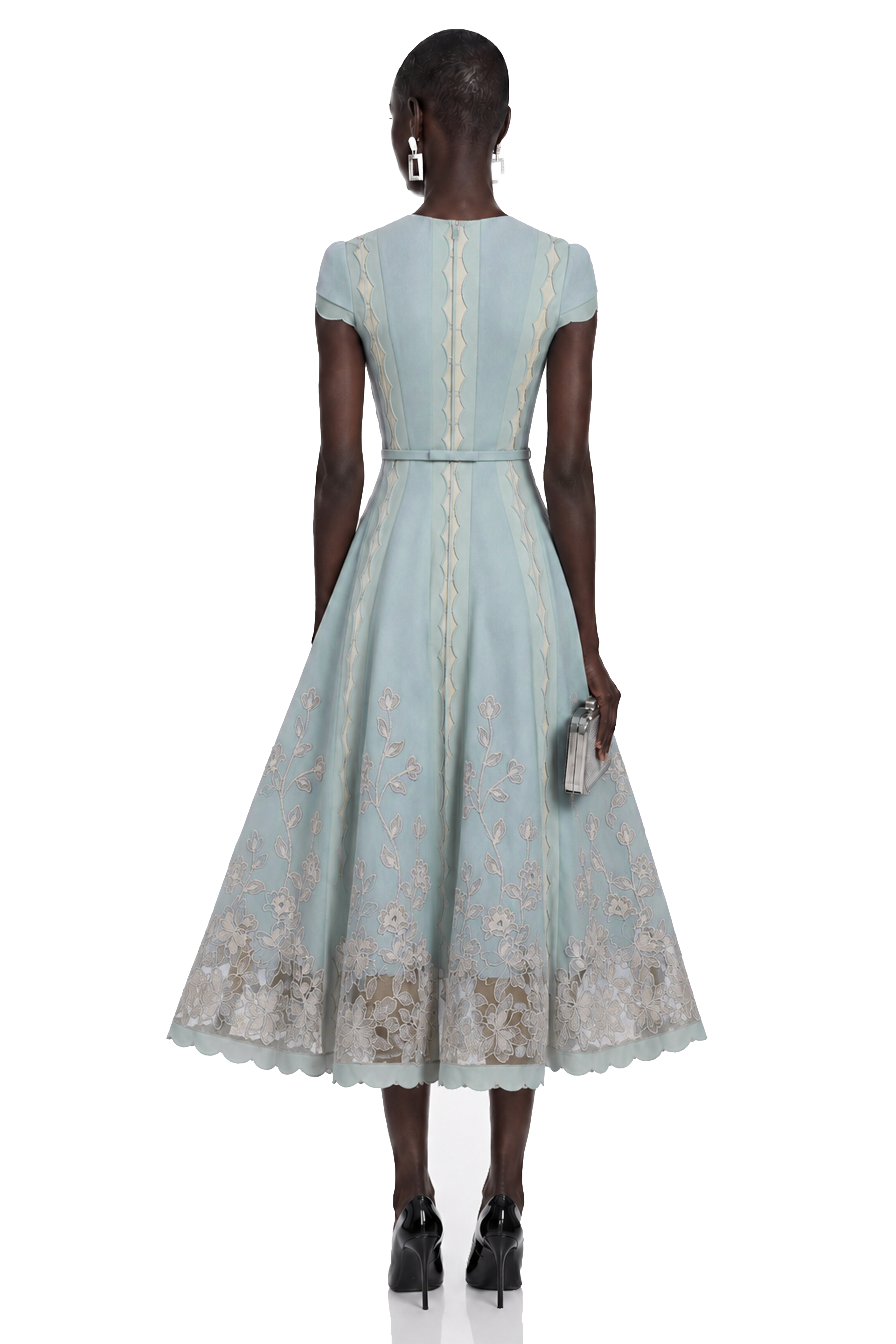 Amália Blue Scalloped Floral Embroidered Midi Dress
