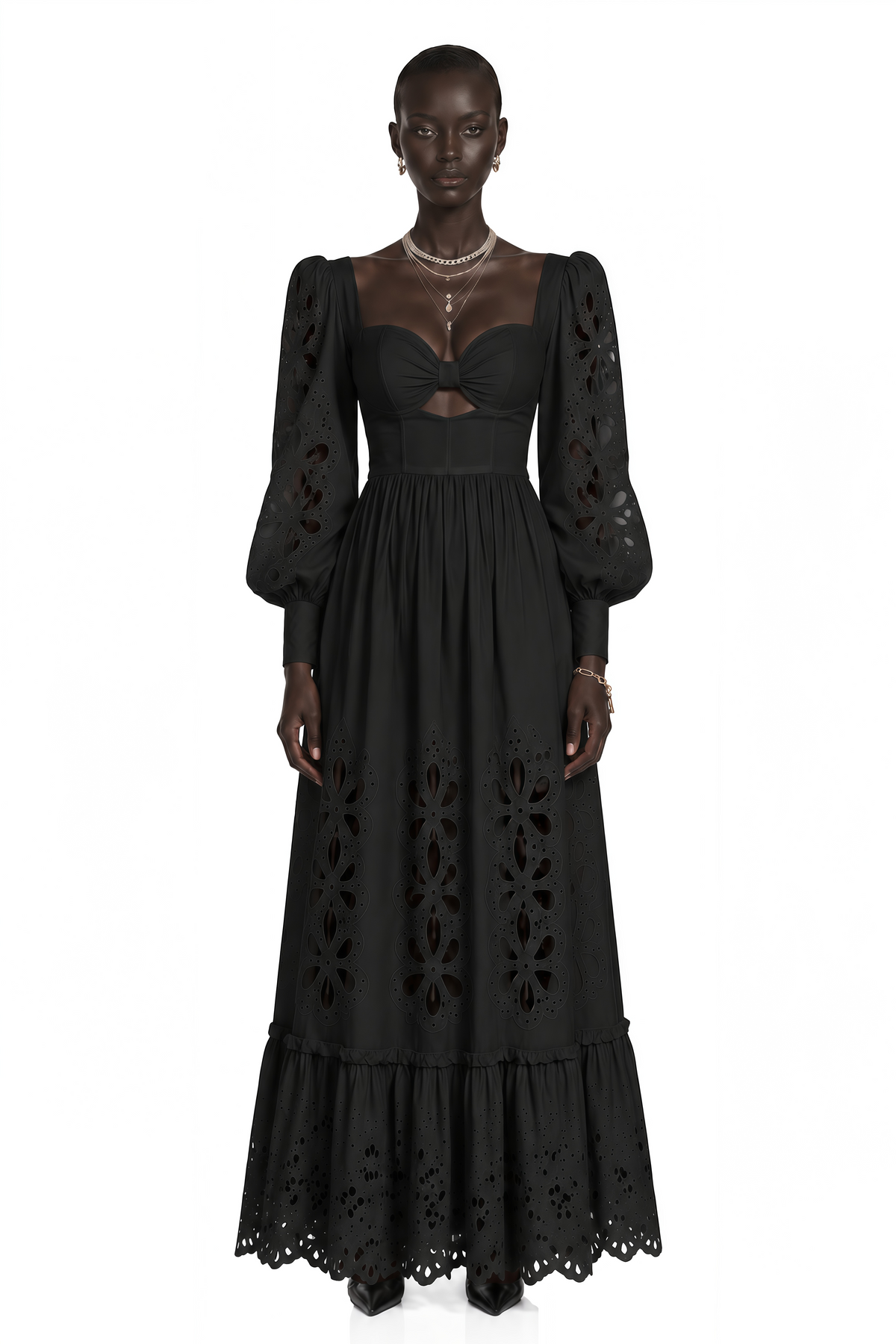 amandine black cut-out puff sleeve maxi dress