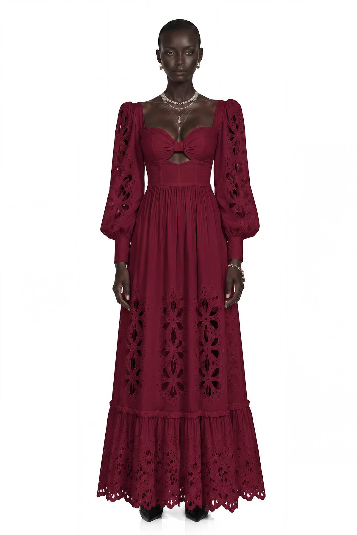 amandine red cut-out puff sleeve maxi dress