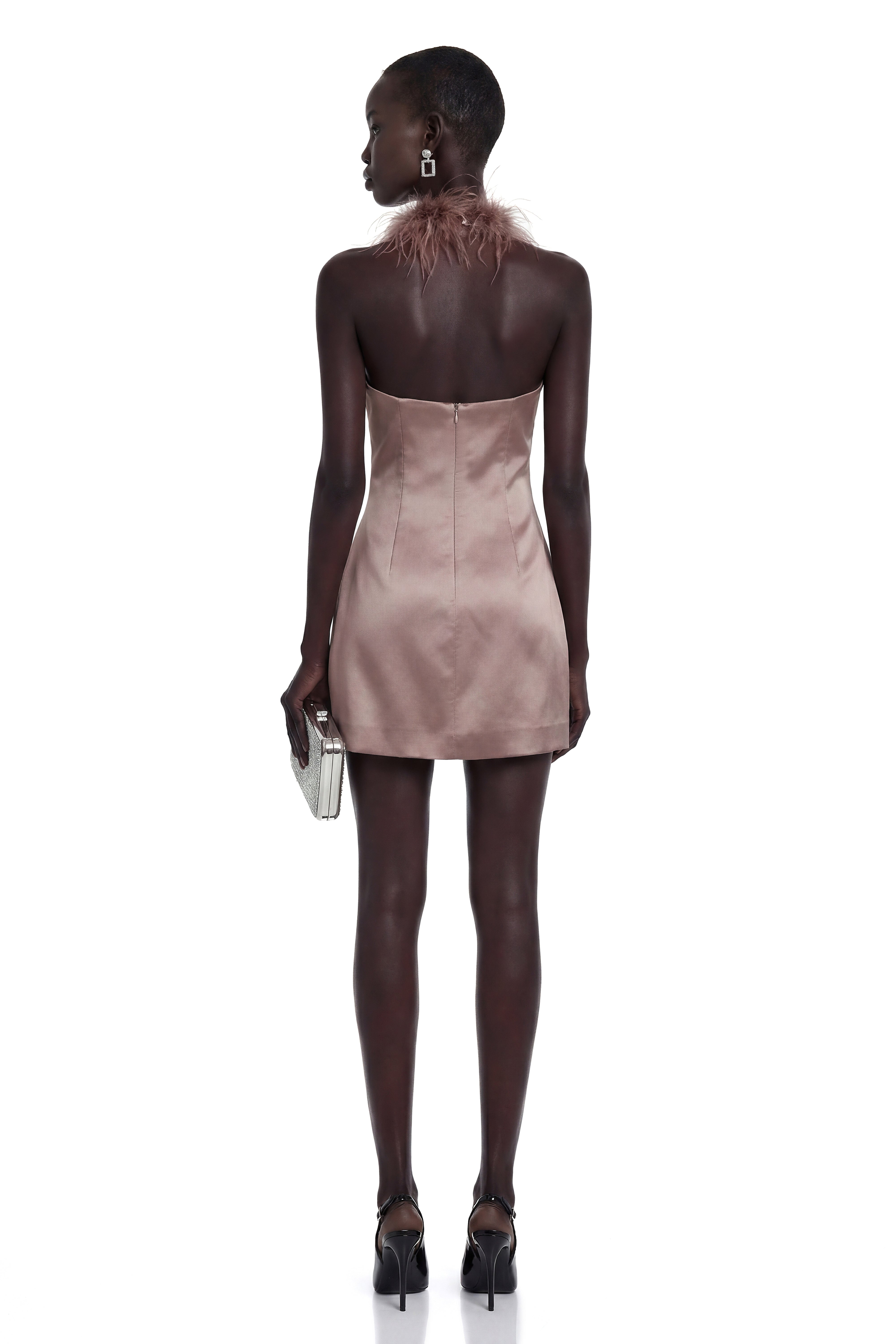 Amara Khaki Mini Dress with Feather Trim