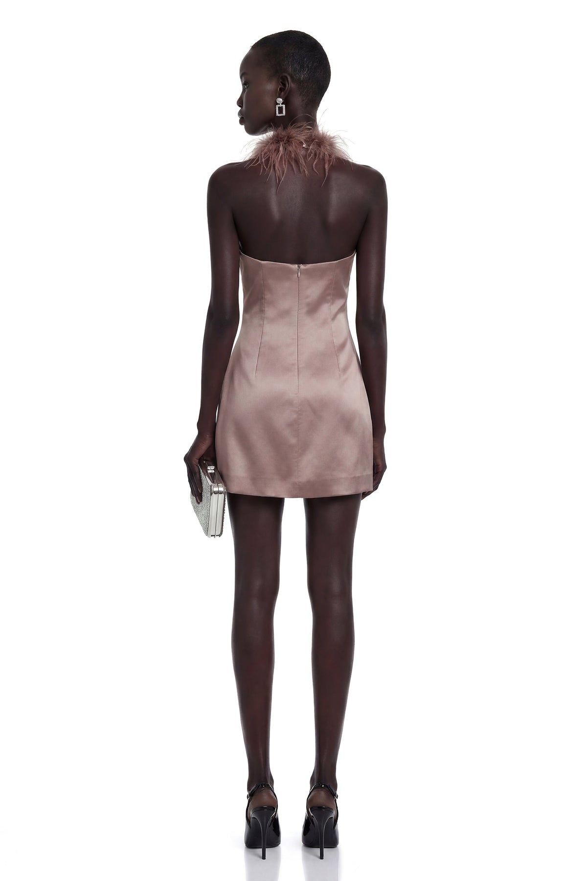 Amara Khaki Mini Dress with Feather Trim