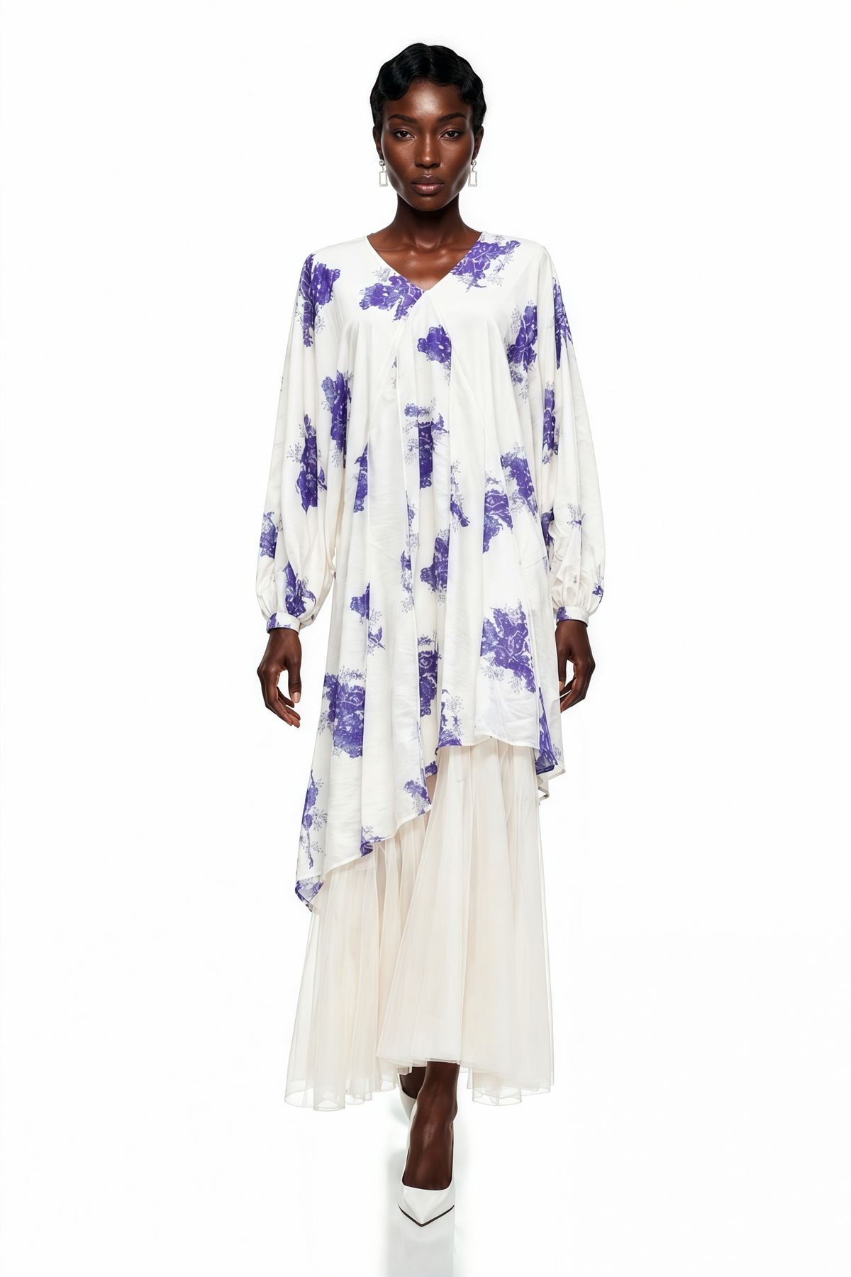 Amara White Floral Print Asymmetrical Maxi Dress