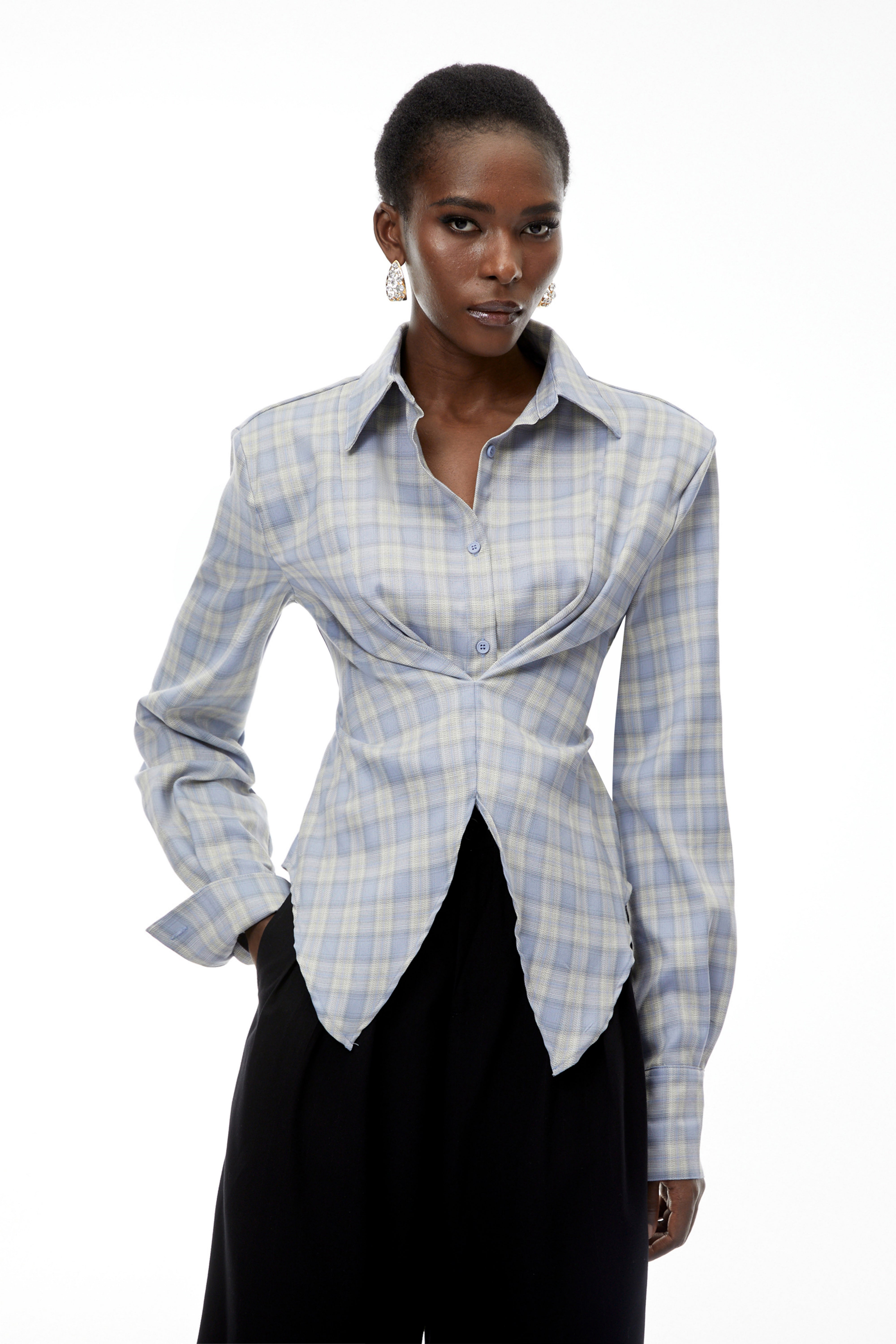 Amber Blue Plaid Tailored Cutout Blouse