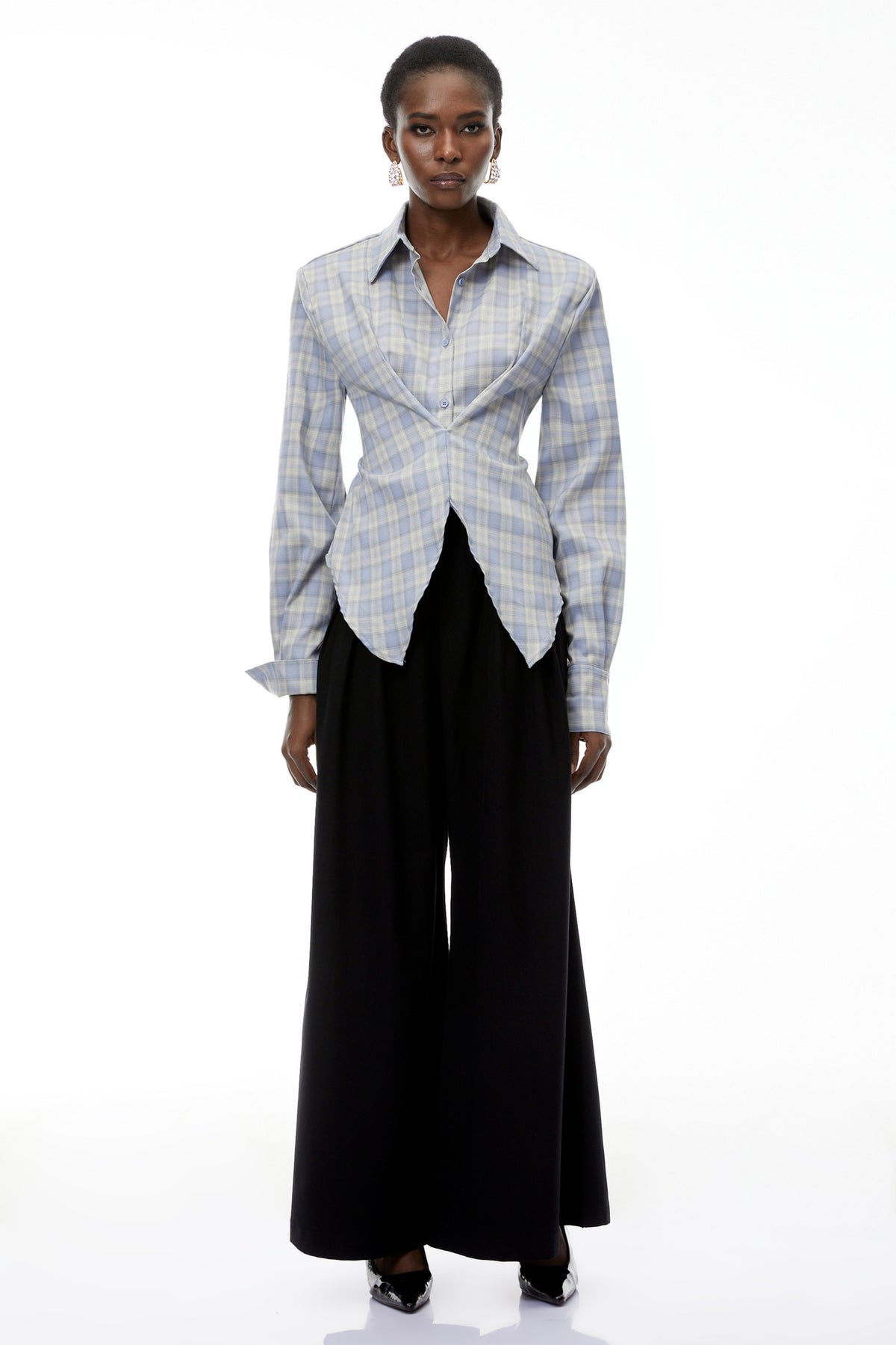 Amber Blue Plaid Tailored Cutout Blouse