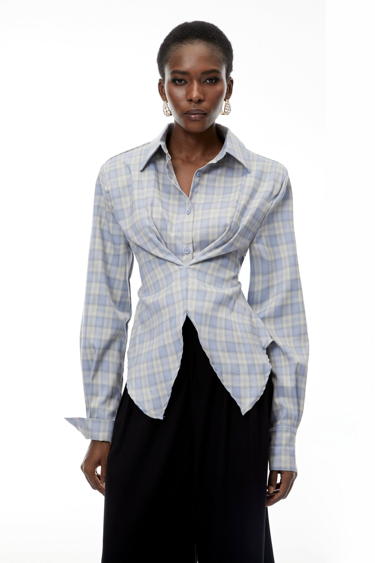 Amber Blue Plaid Tailored Cutout Blouse