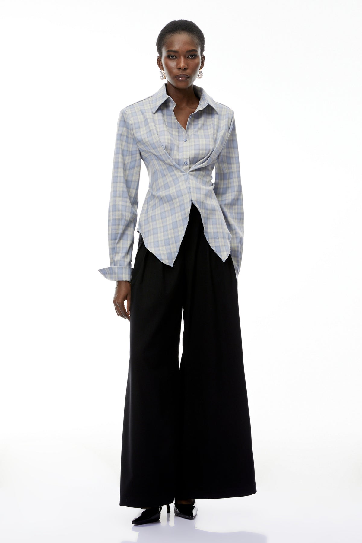 Amber Blue Plaid Tailored Cutout Blouse