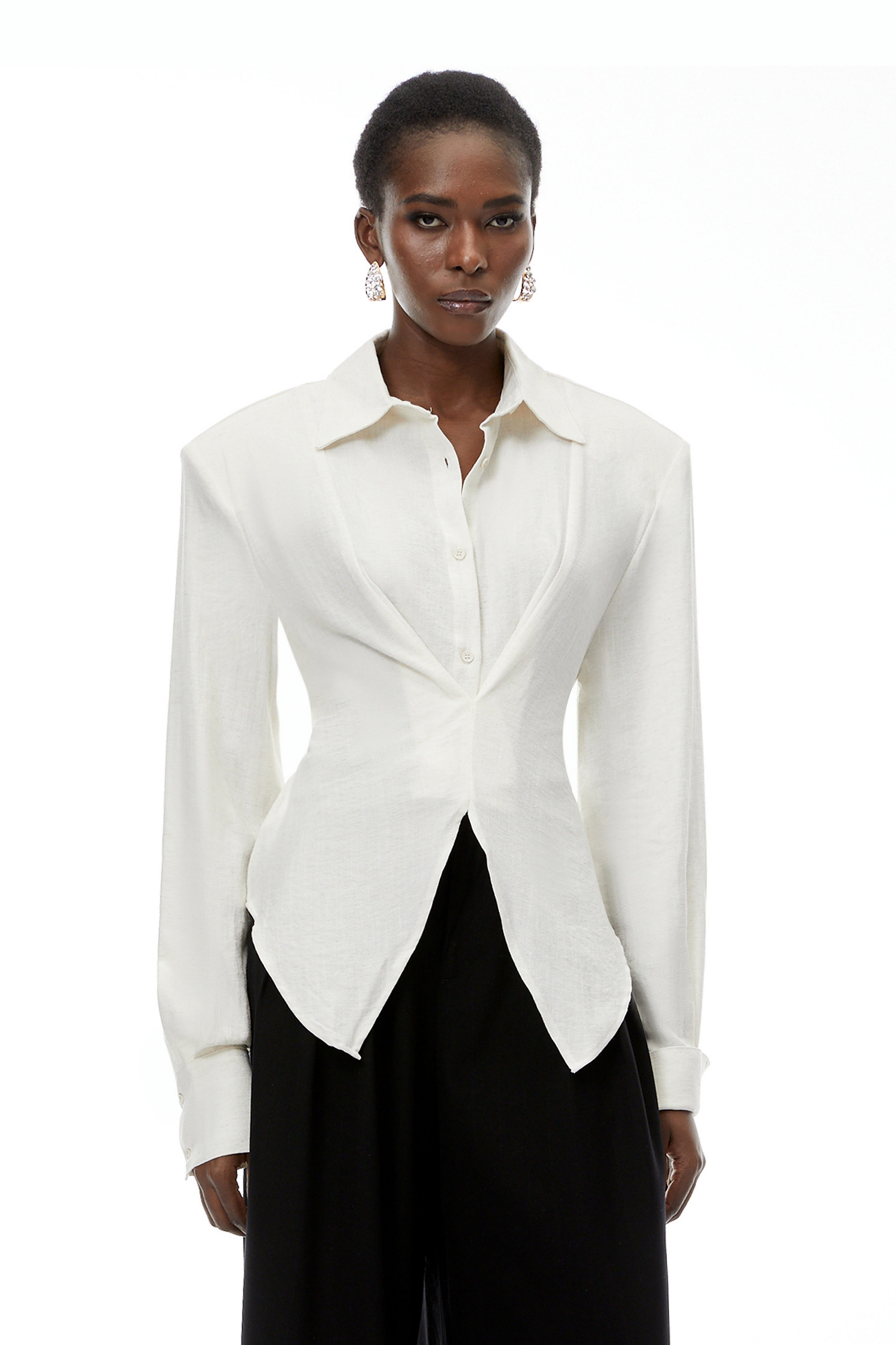 Amber White Plaid Tailored Cutout Blouse