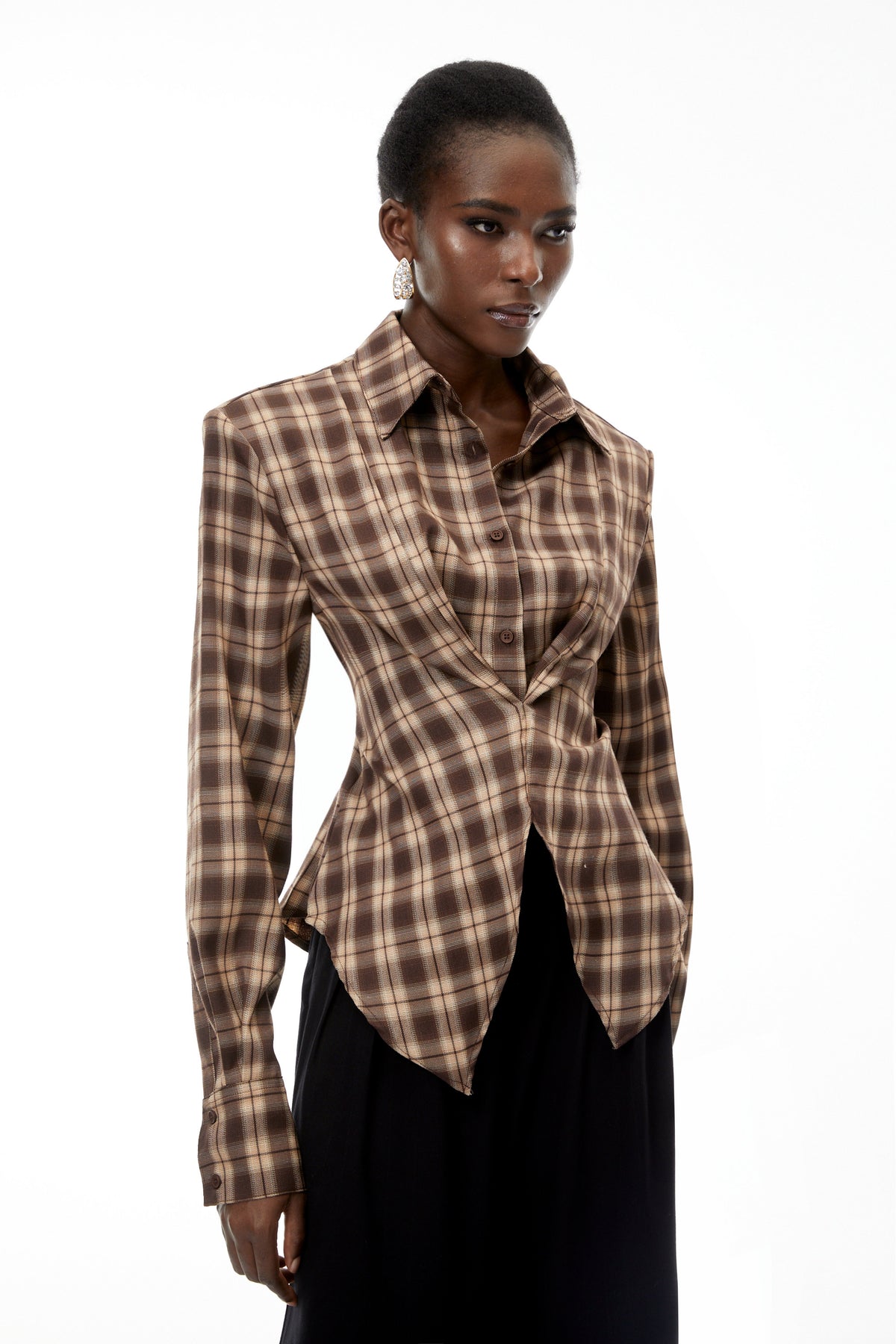 Amber Reddish-Brown Plaid Tailored Cutout Blouse