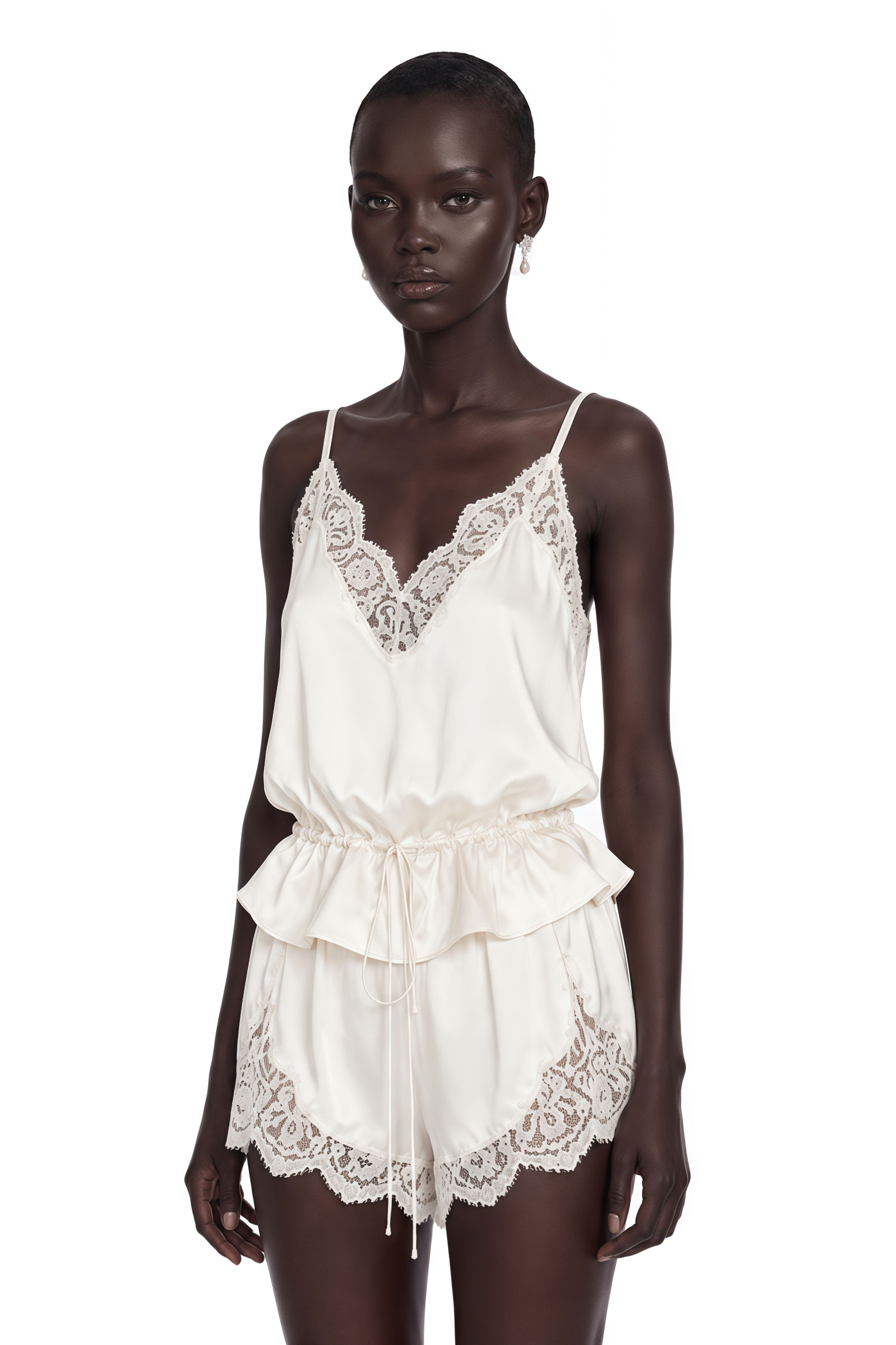 Ambre Ivory Satin Top & Shorts Set with Lace Trim
