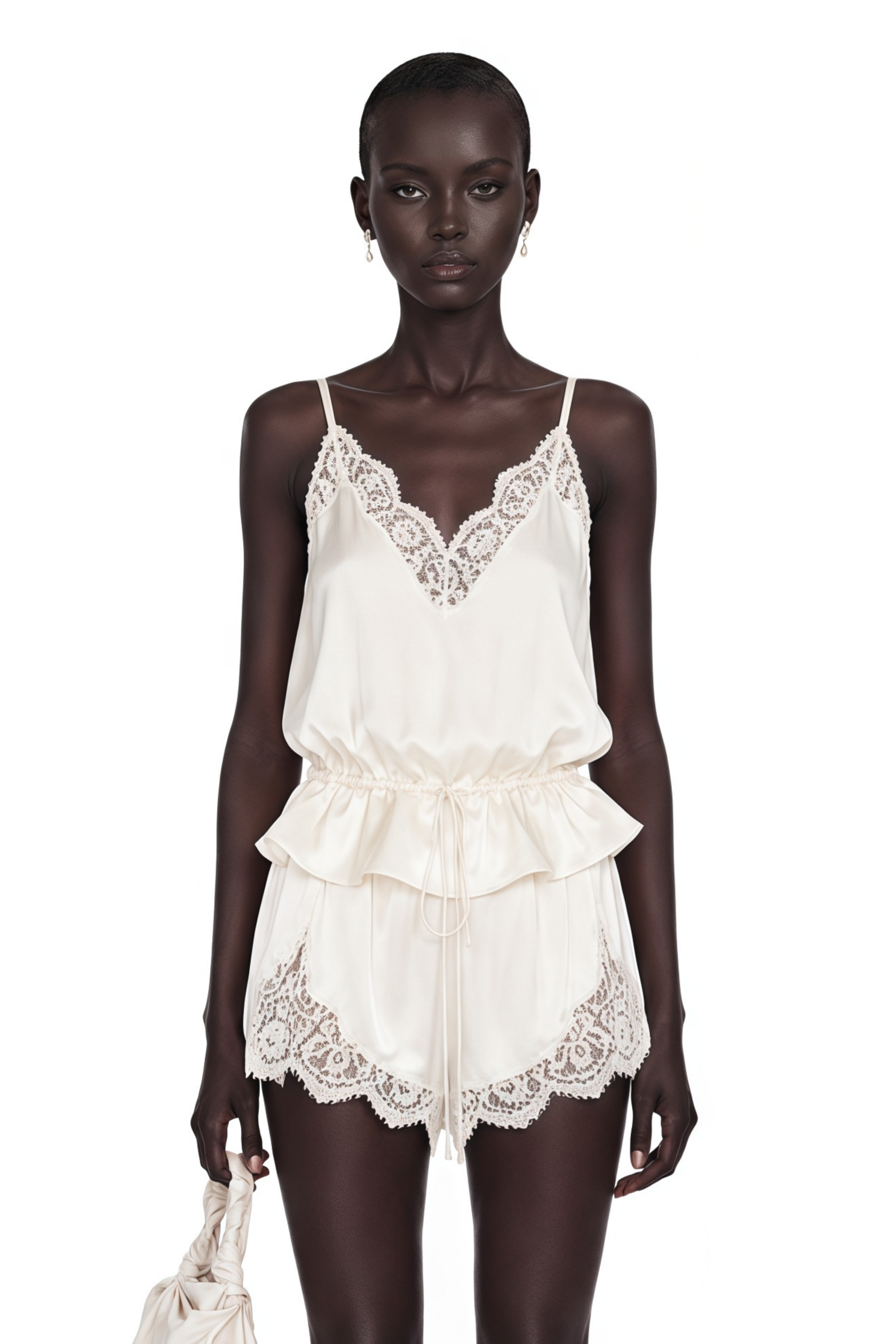 Ambre Ivory Satin Top & Shorts Set with Lace Trim
