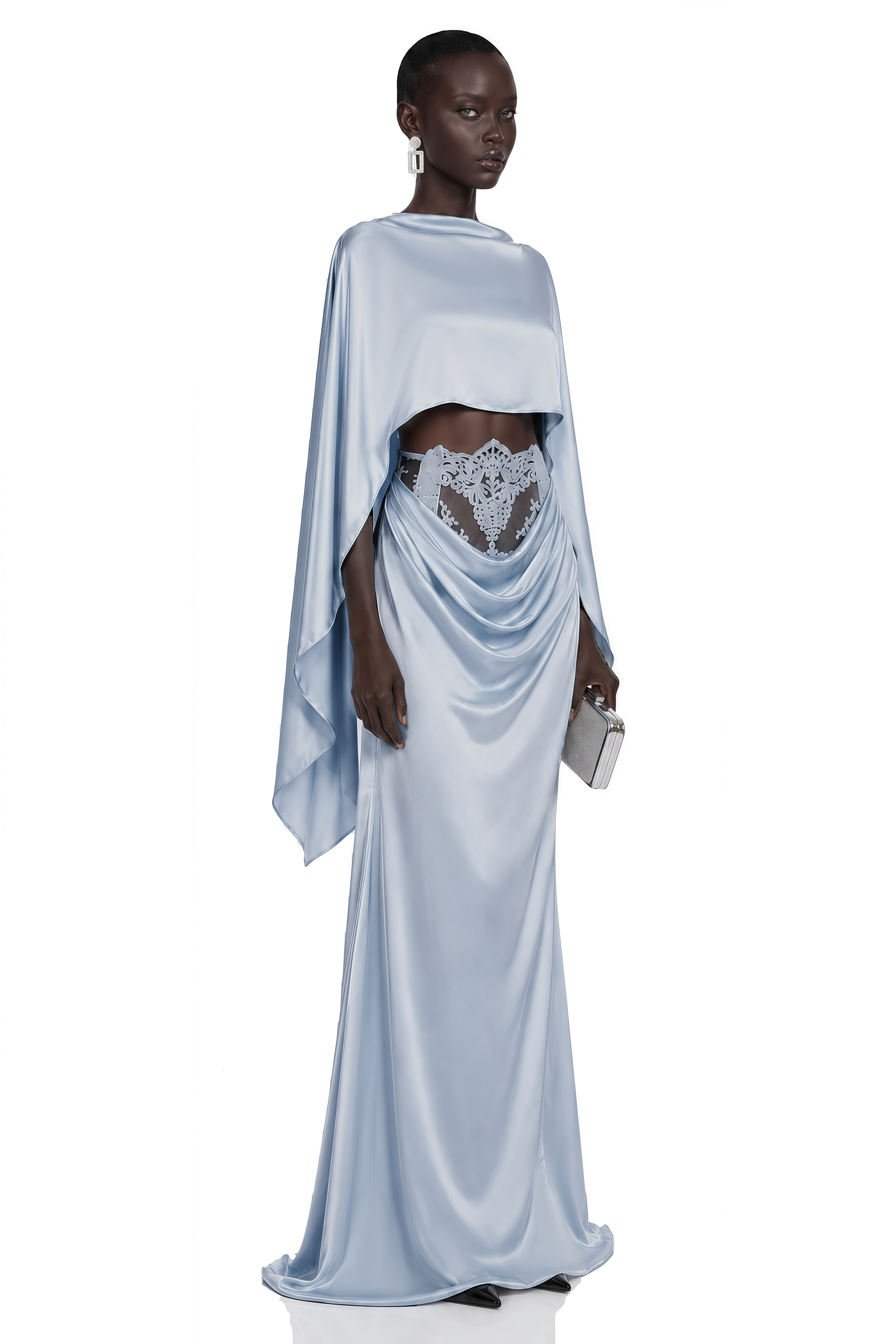 Amelia Blue Cape Top & Draped Skirt Set with Lace Panels