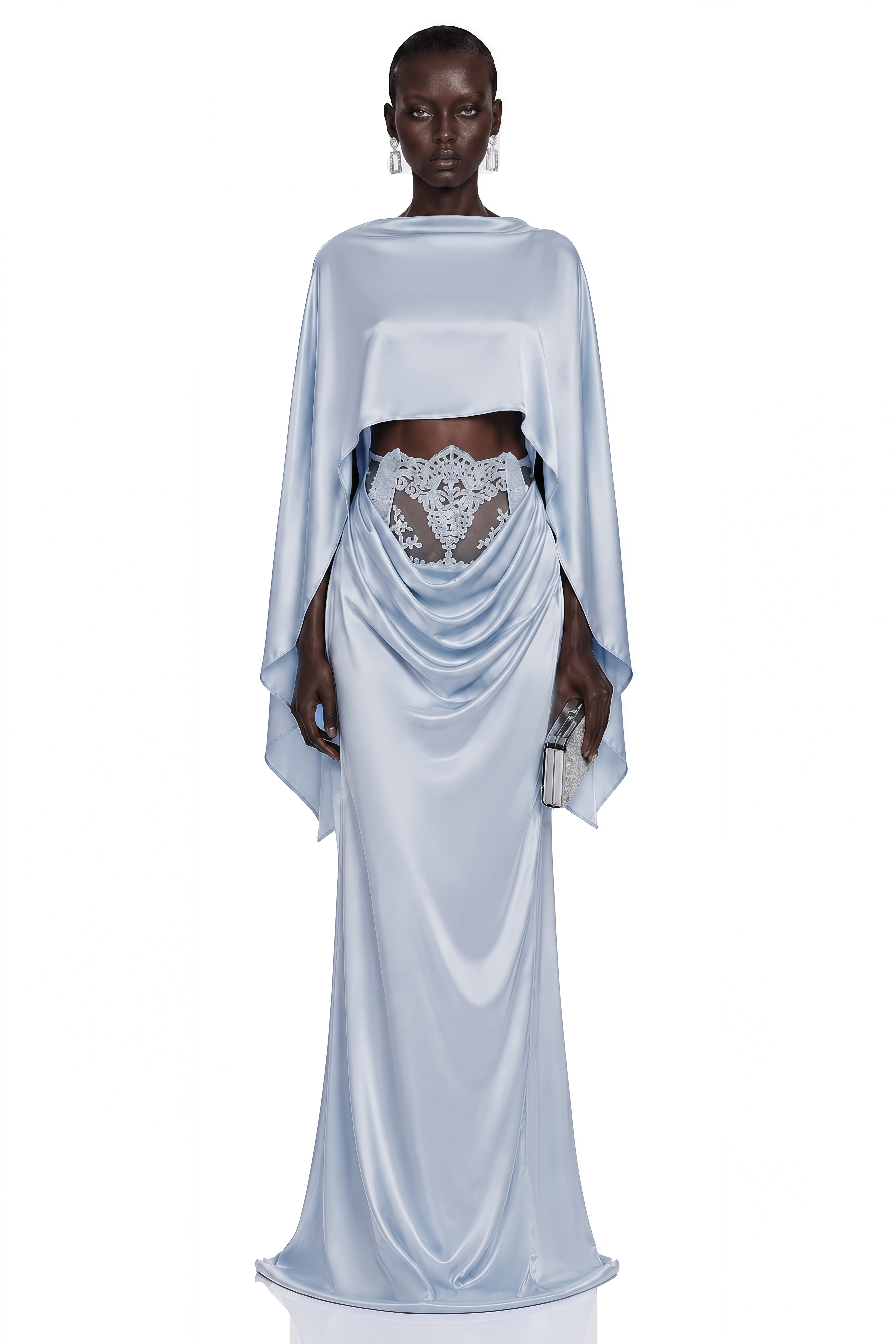 Amelia Blue Cape Top & Draped Skirt Set with Lace Panels