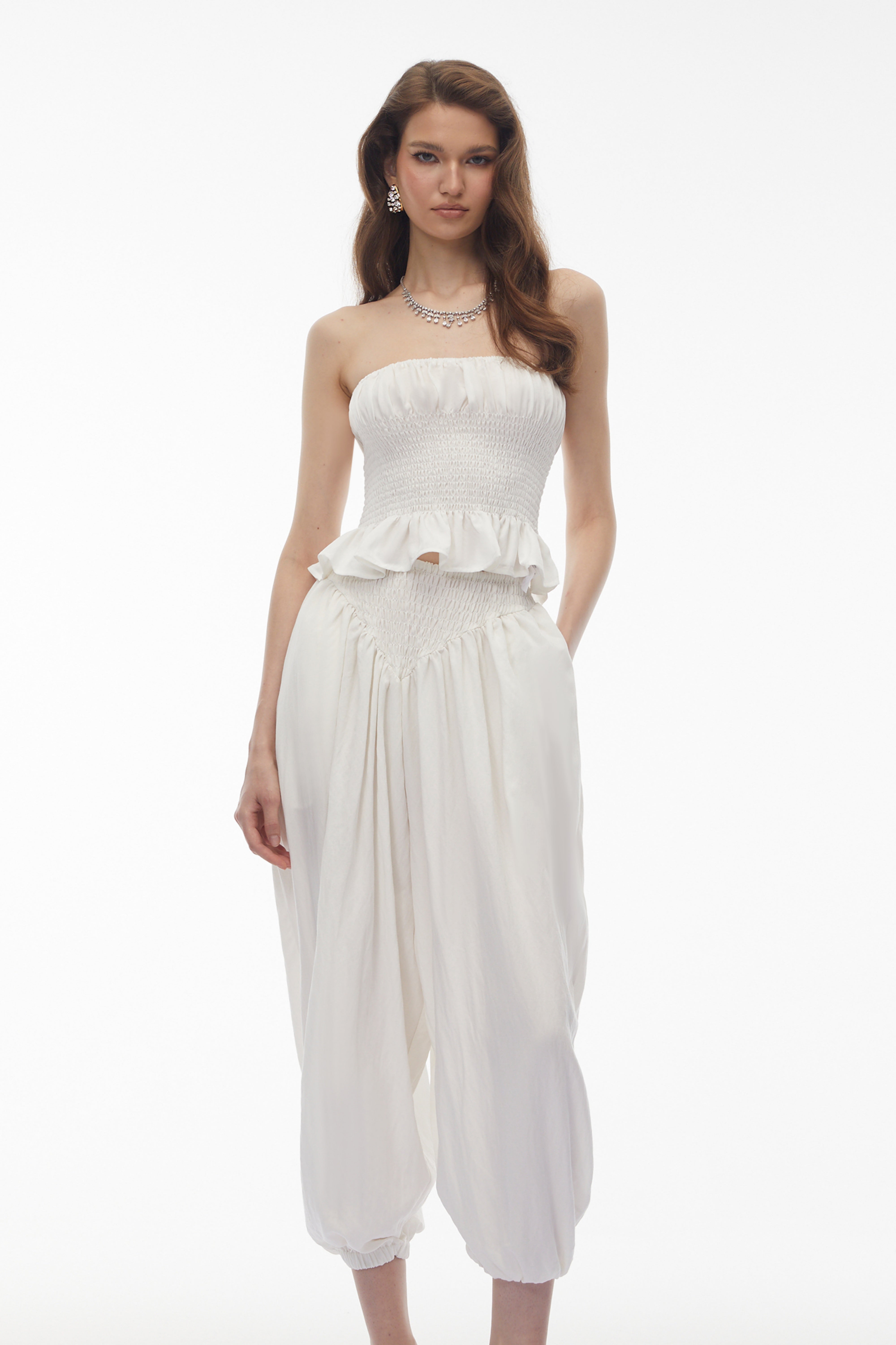 Amelia White Off Shoulder Blouse & Trouser Set