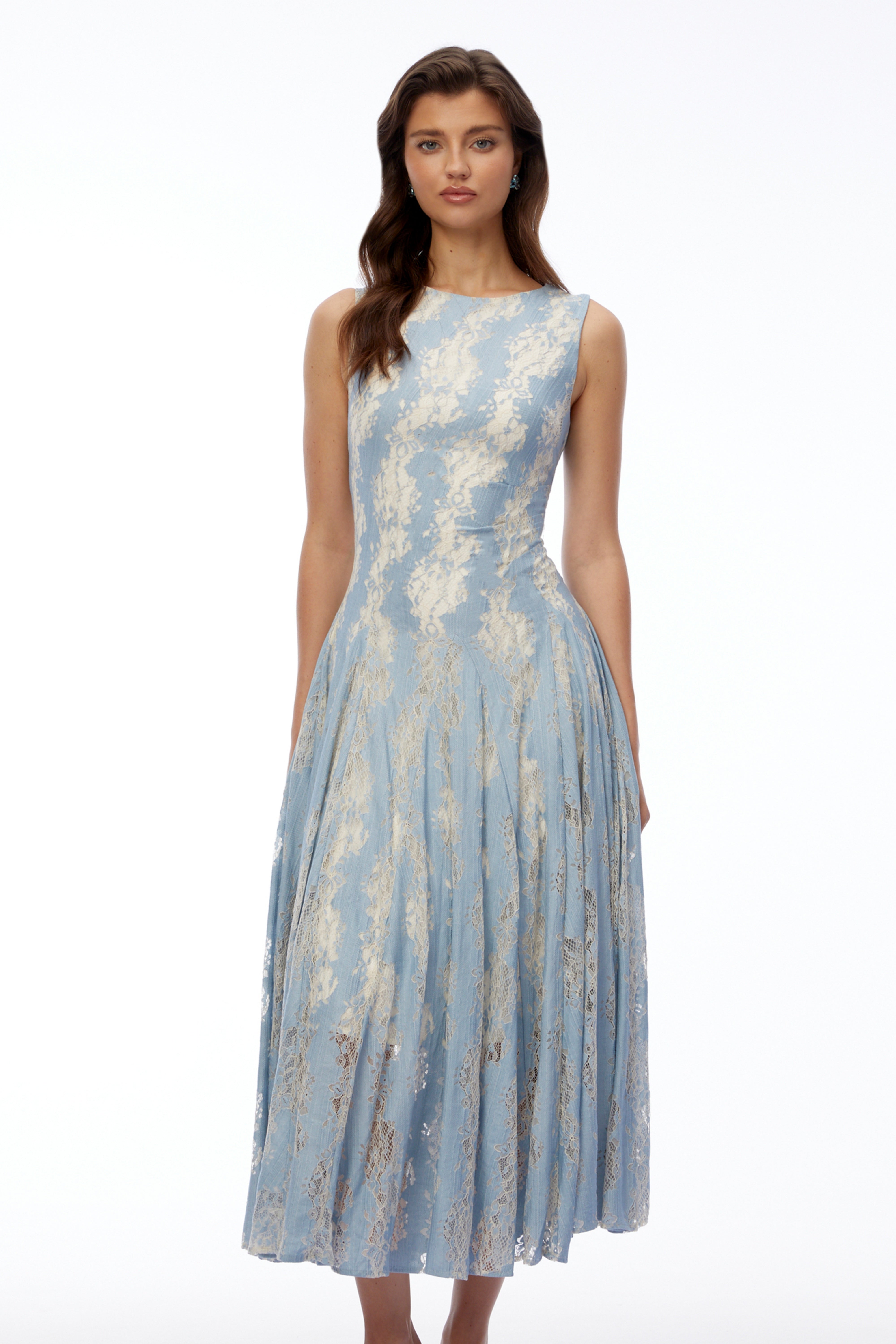 Amelie Blue Color Block Lace Midi Dress