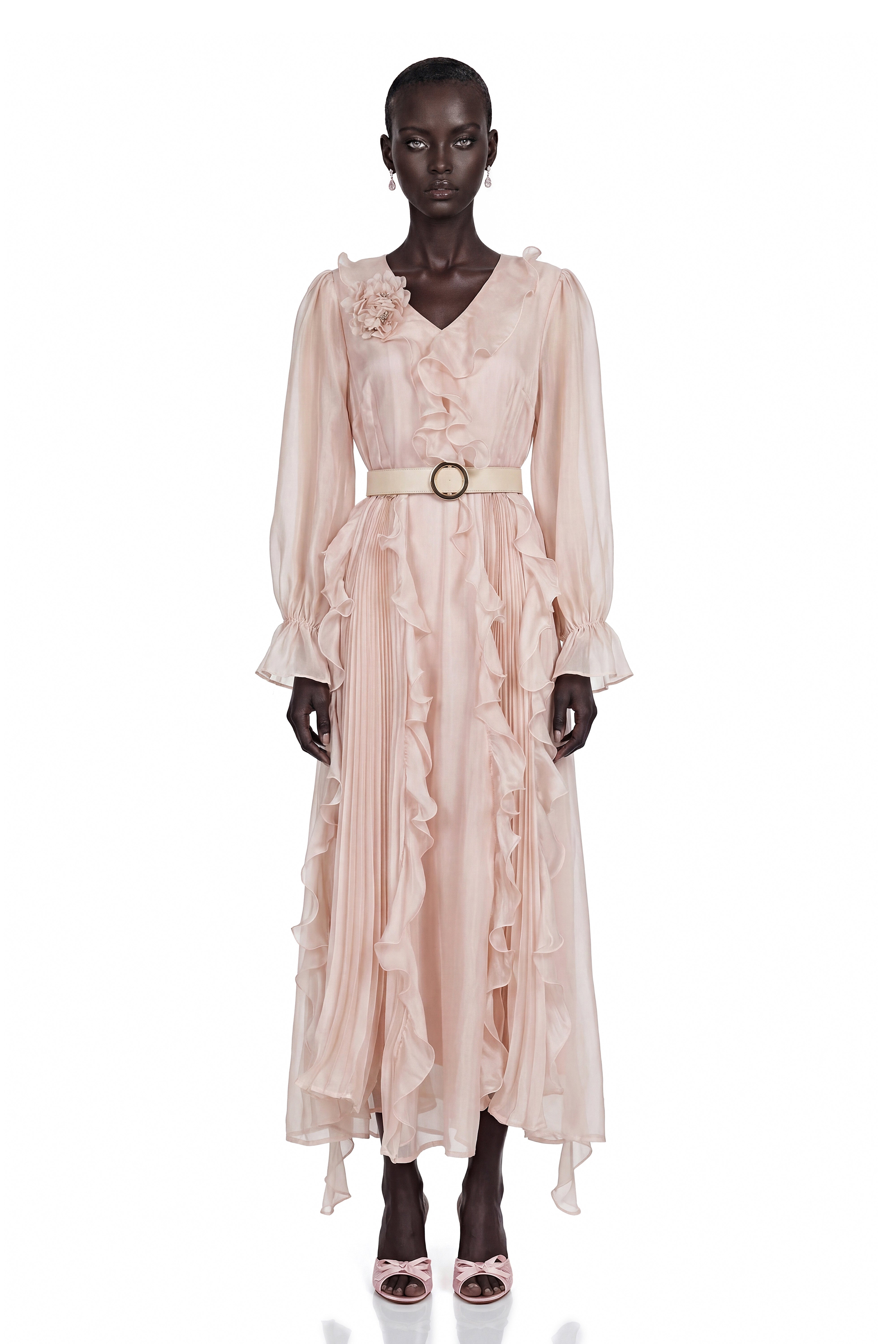 Amélie Pink V-Neck Floral Ruffled Maxi Dress With Bell Sleeves